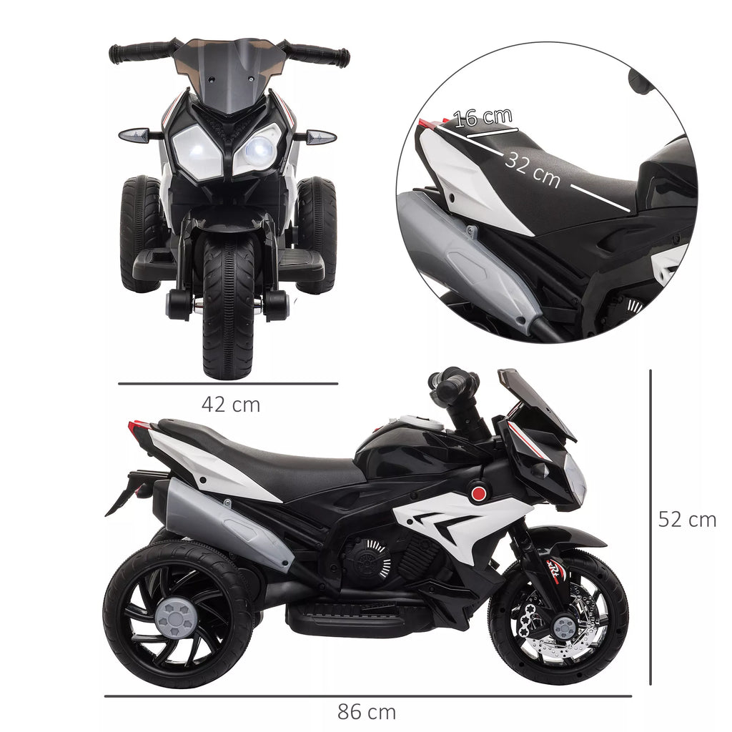 Elektrinis vaikų motociklas, šviesos ir garsai, 3 km/h, įkraunamas, plastikas ir metalas, juodas/baltas