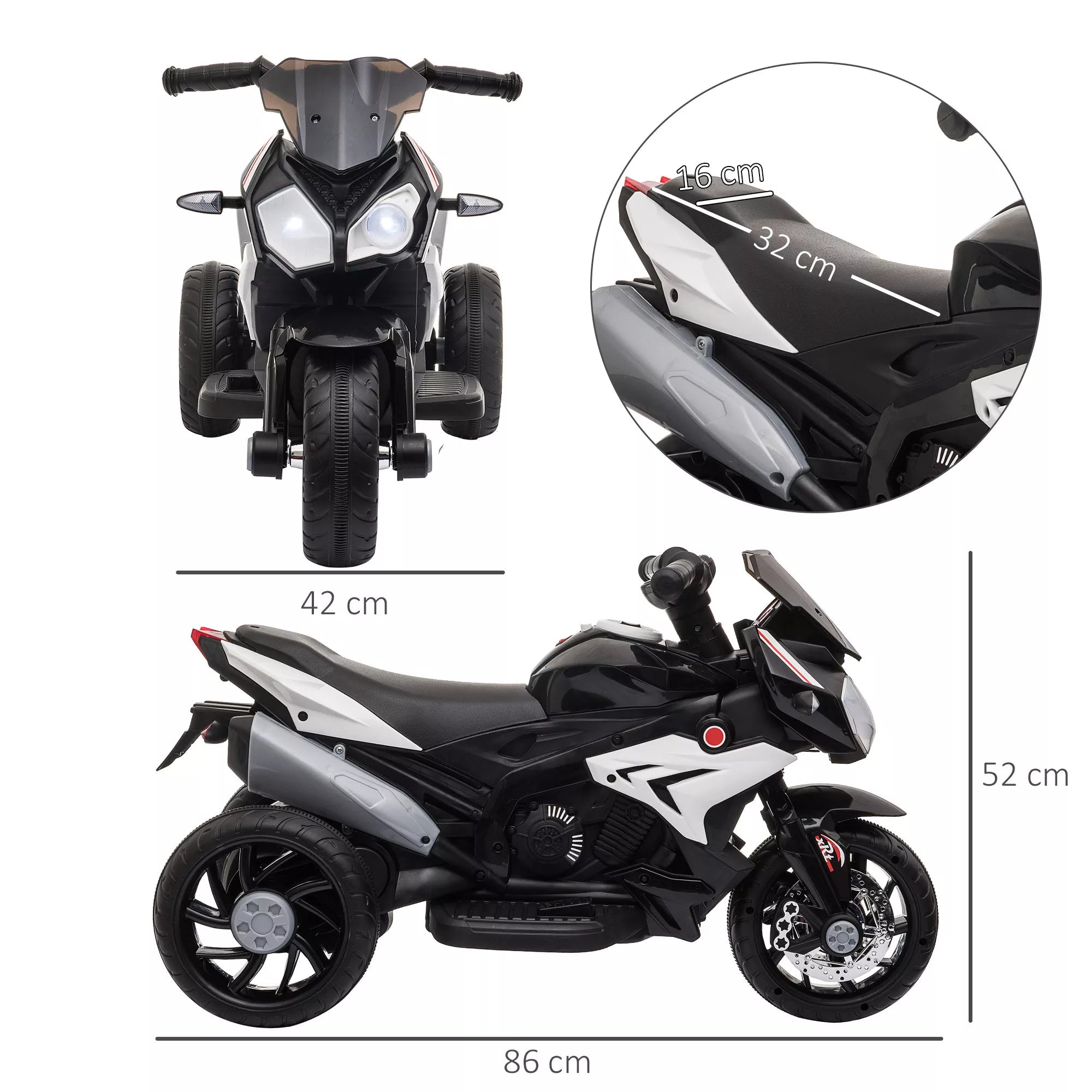 Elektrinis vaikų motociklas, šviesos ir garsai, 3 km/h, įkraunamas, plastikas ir metalas, juodas/baltas