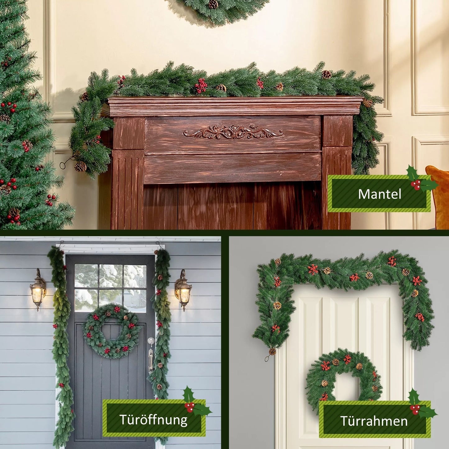 Kalėdinė girlianda 1,9 m, dirbtinė eglės girlianda su kankorėžiais ir uogomis, Kalėdinė puošmena vidui ir laukui, žalia