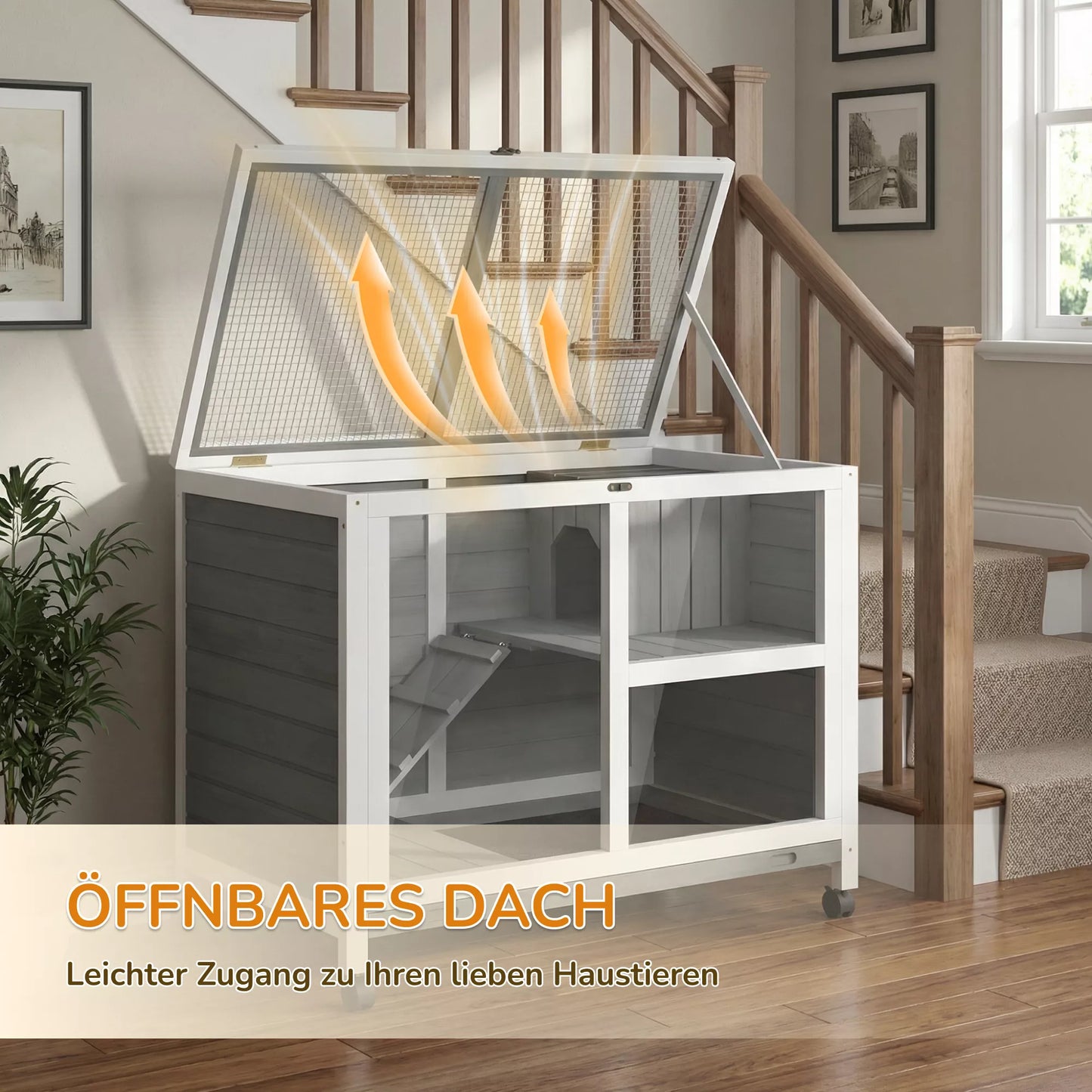 Mažų gyvūnų narvas su 2 lygiais, 4 ratukais, užsandarintas pušies medžio, pilkos spalvos