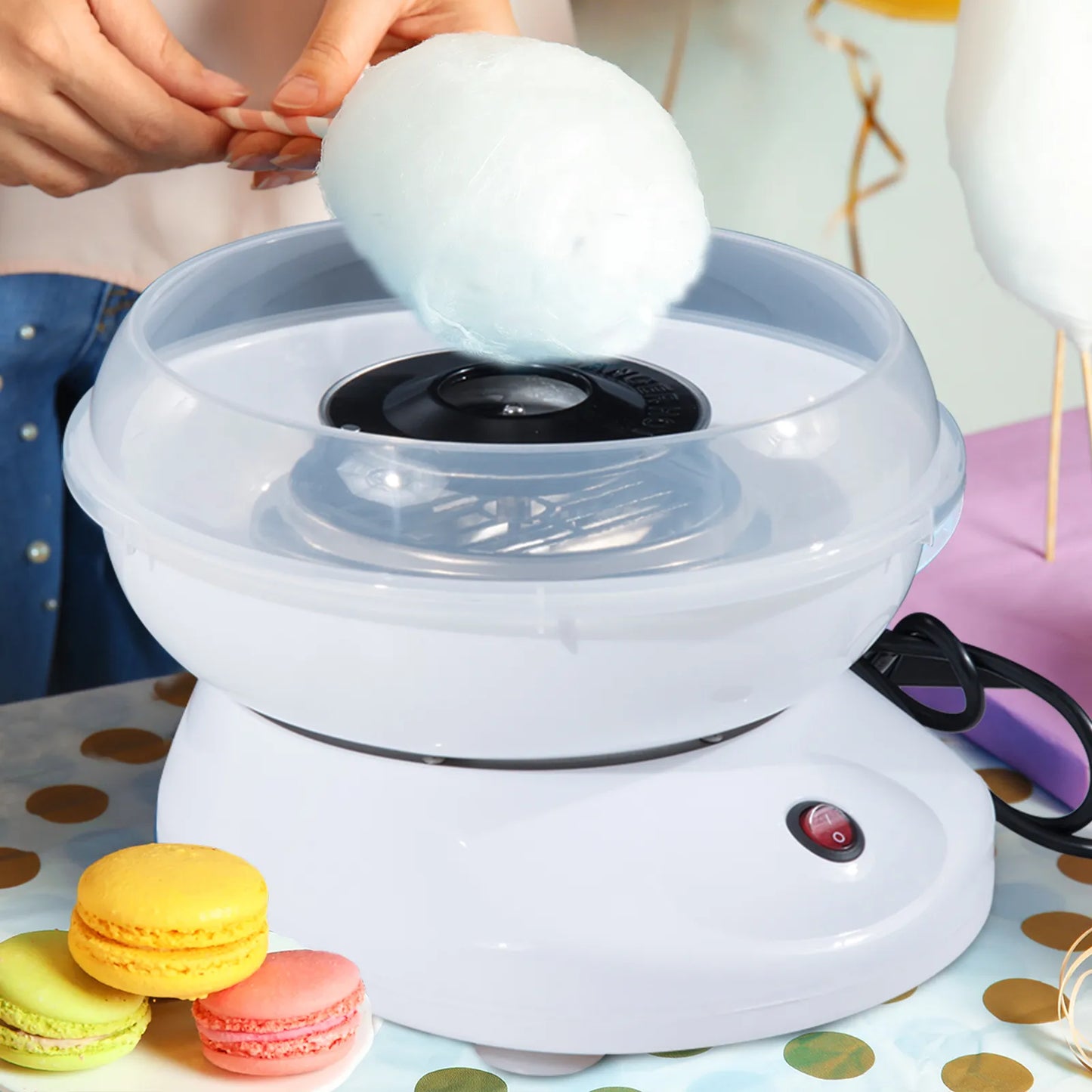 Cukraus vatos aparatas namams Cotton Candy Machine Cukraus vatos aparatas su lazdelėmis ir matavimo šaukštu Aukštis 18 cm 550 W Vaikų šventėms, gimtadieniams, vakarėliams Balta