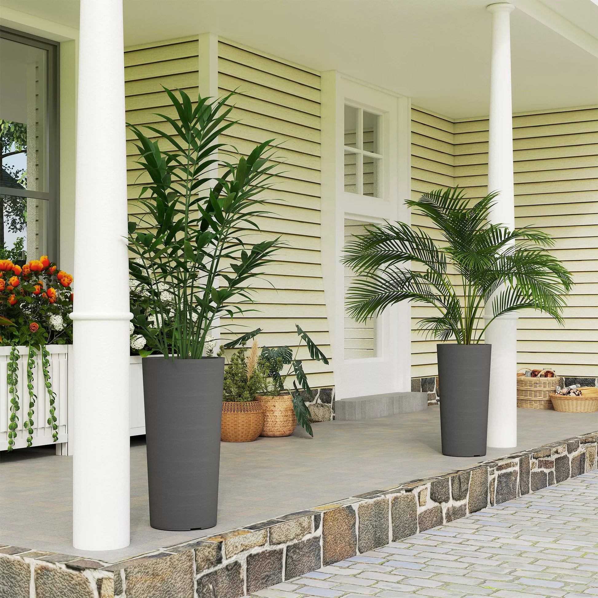 Dviejų dalių vazonų rinkinys su drenažo angomis, apvalus augalų vazonas, 35 x 35 cm, tamsiai pilka