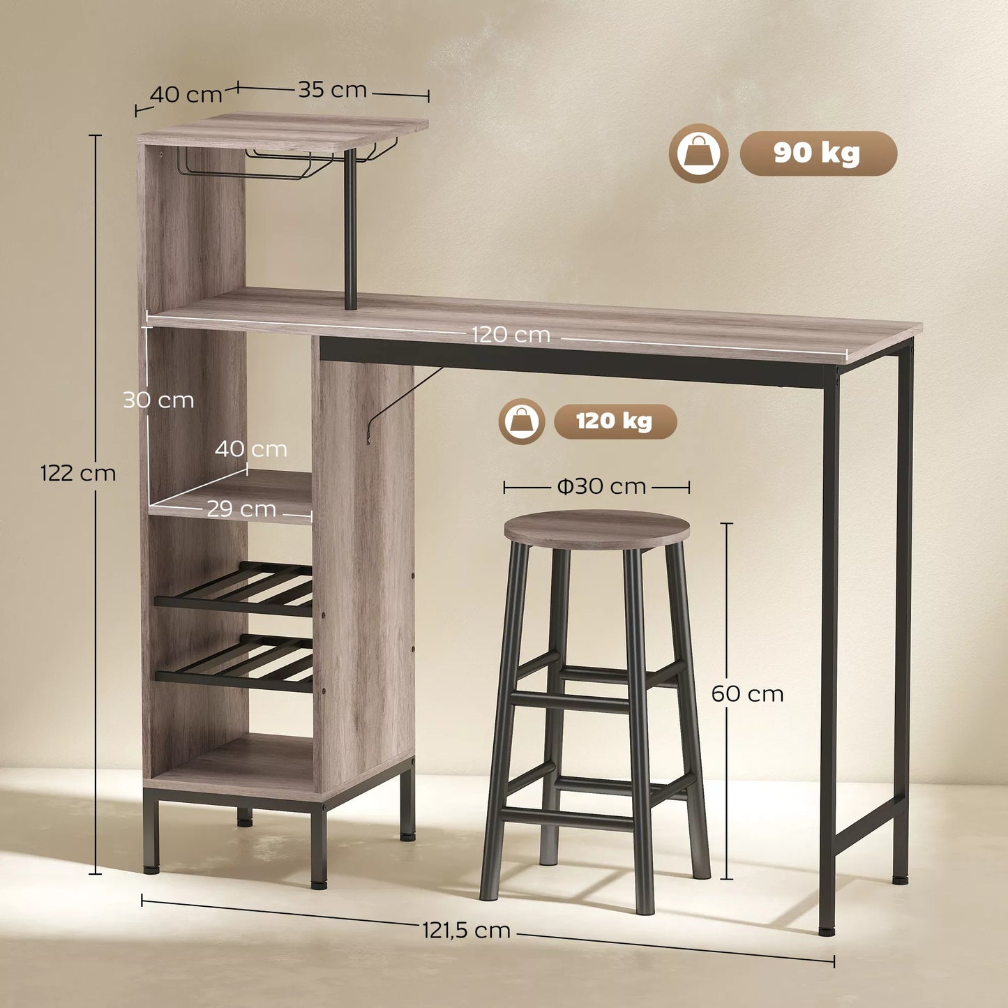 3 dalių baro stalo komplektas su laikymo vieta, vyno lentynomis, stiklo laikikliais, taburetėmis su atrama kojoms, mažoms erdvėms, pilkas