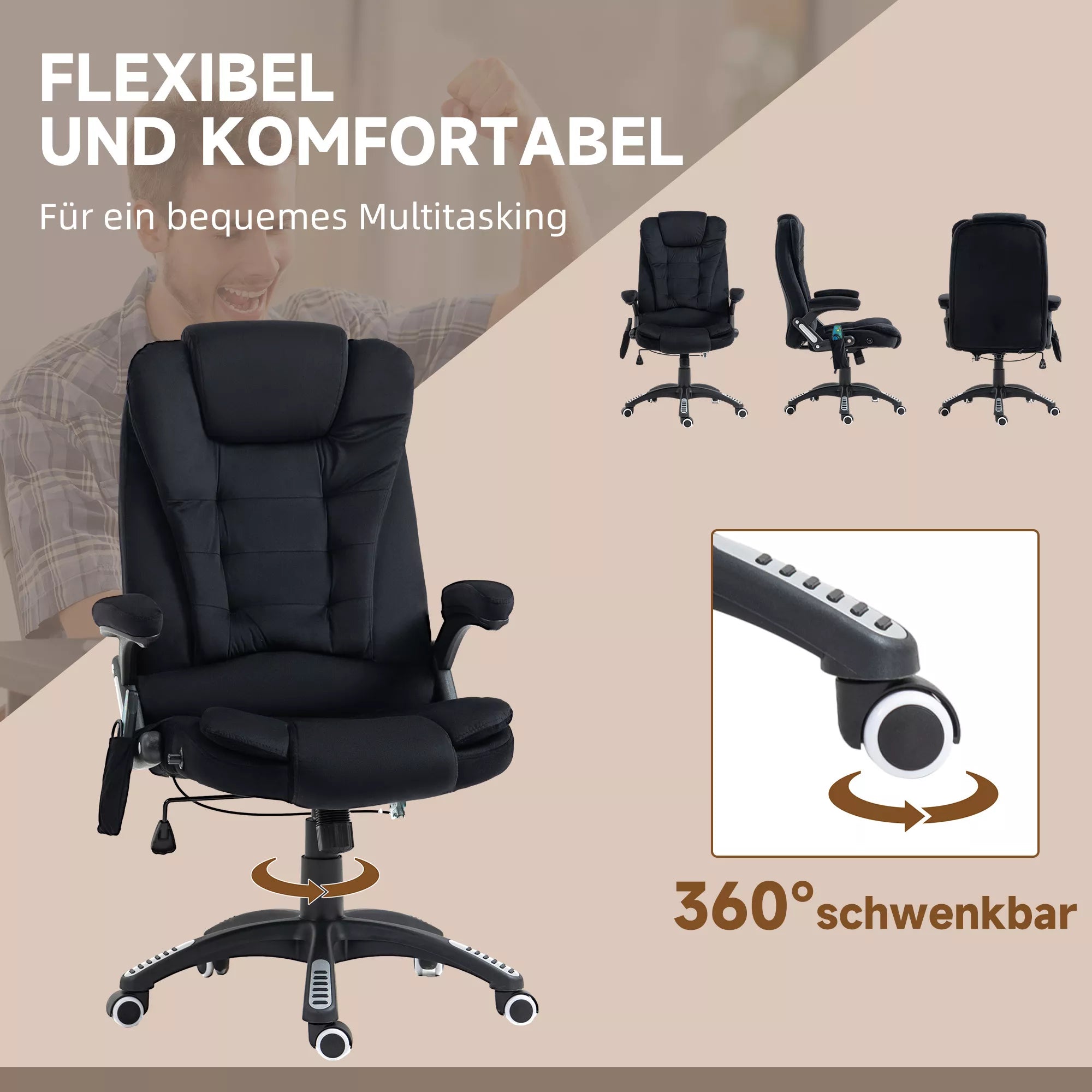 Biuro kėdė su masažo ir šildymo funkcija, ergonomiška, reguliuojamo aukščio, juoda