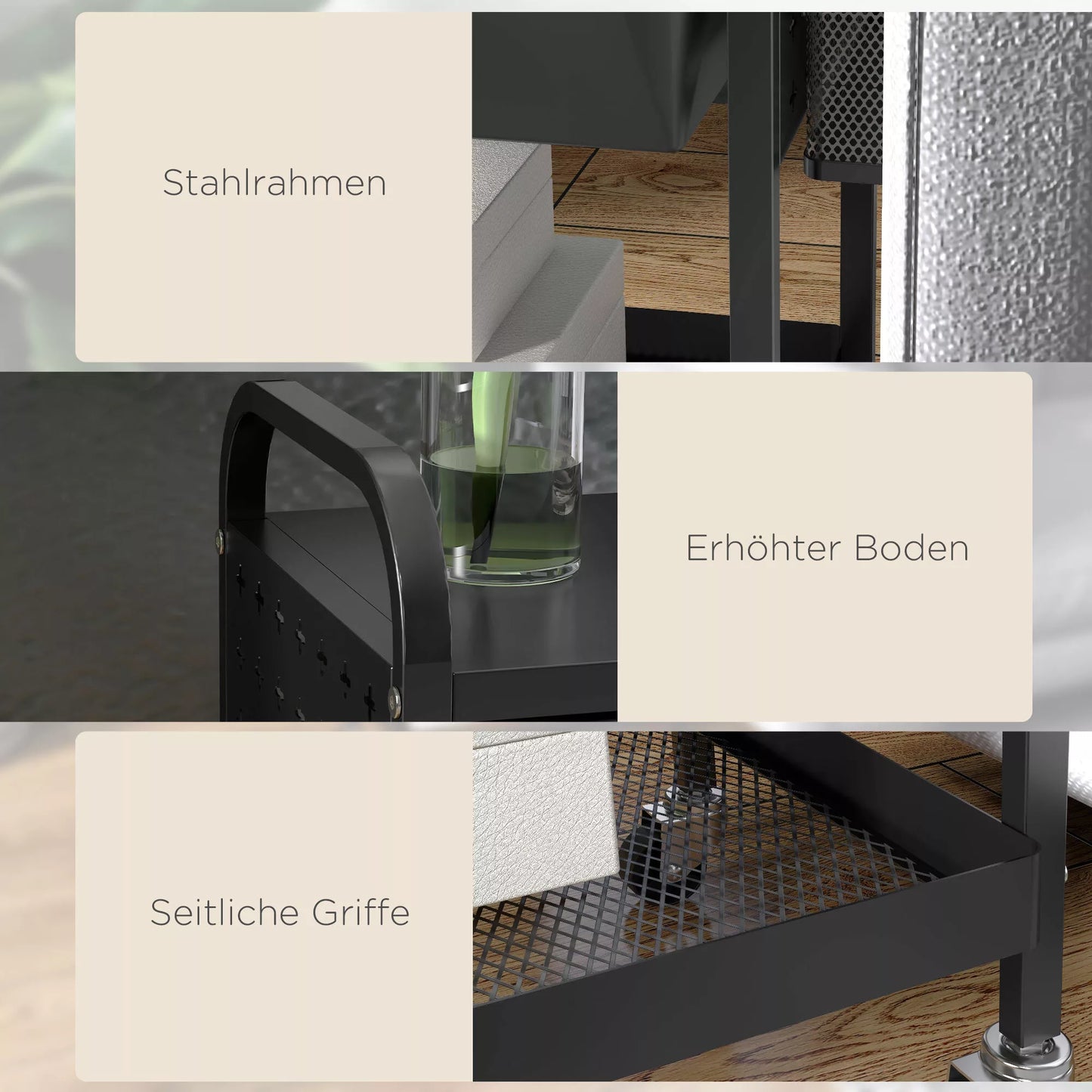 Daugiafunkcis vežimėlis su 1 stalčiumi, 1 lentyna, 4 ratukais, virtuvės vežimėlis, juodas