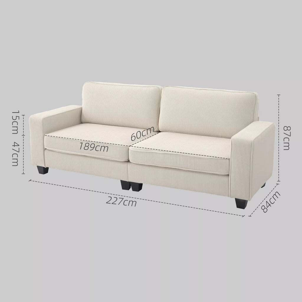 3 vietų sofa su velveto apmušalu, svetainės sofa su spyruokliniu pagrindu, iki 400 kg, 227 x 84 x 87 cm, kreminė balta