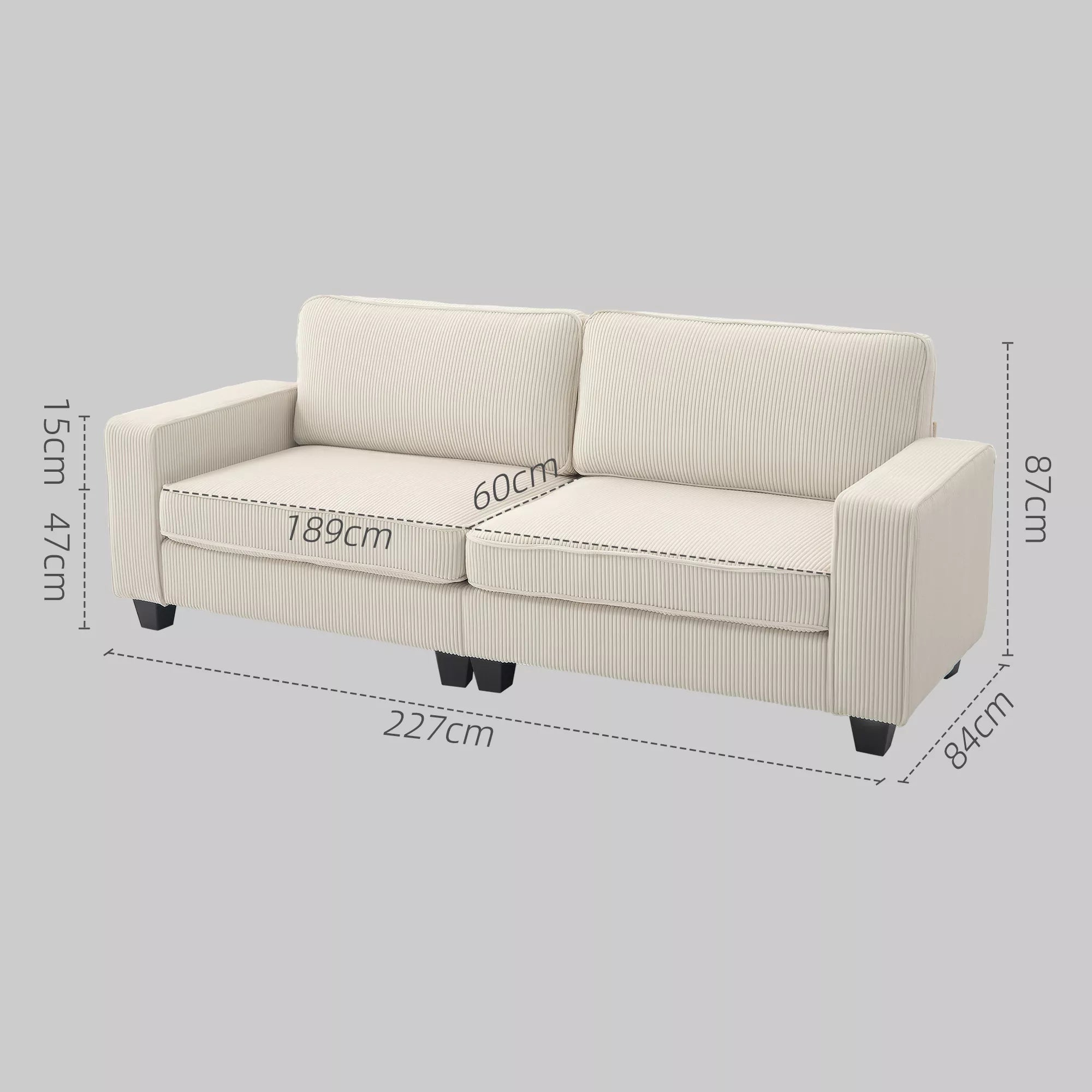 3 vietų sofa su velveto apmušalu, svetainės sofa su spyruokliniu pagrindu, iki 400 kg, 227 x 84 x 87 cm, kreminė balta