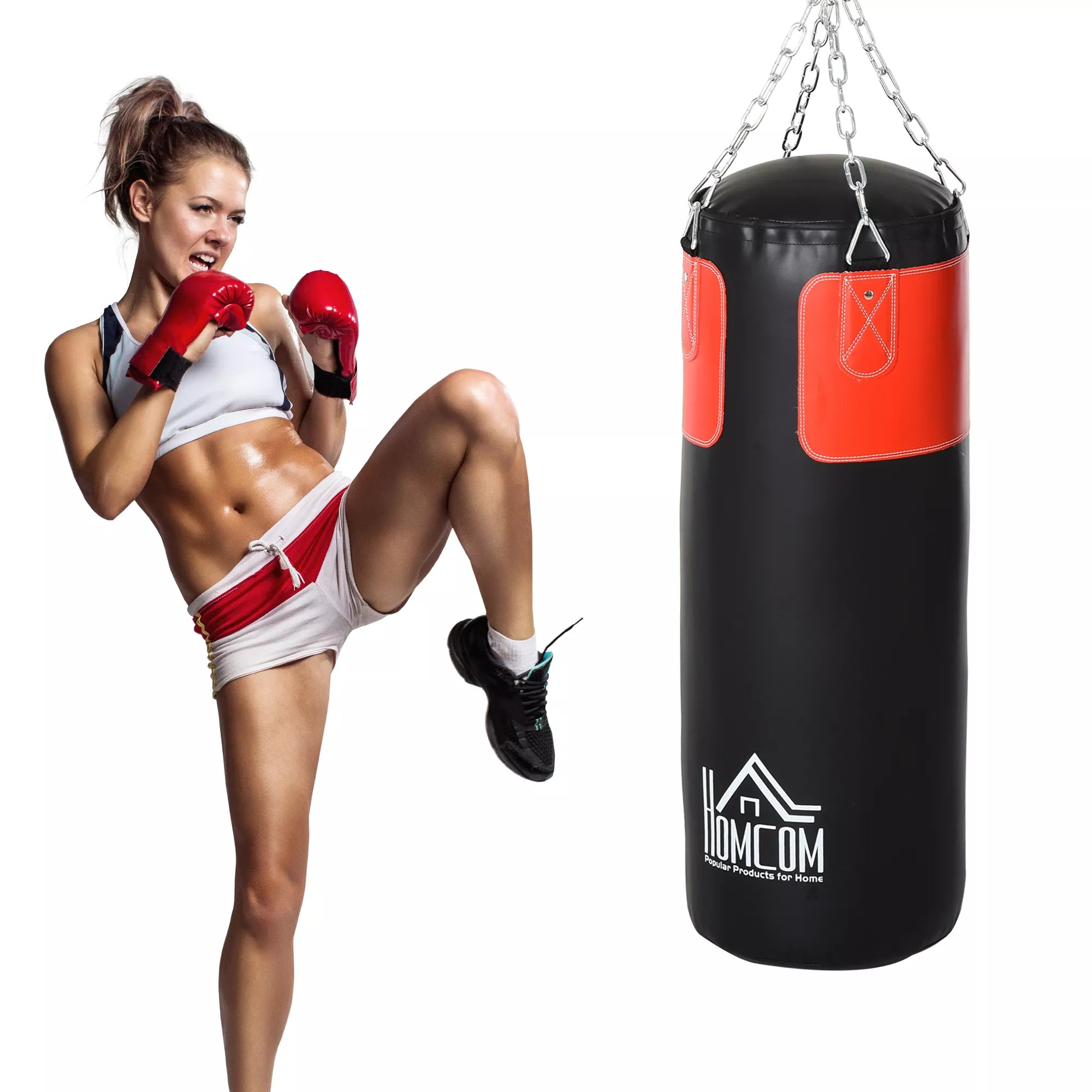 Boksavimo maišo rinkinys Bokso rinkinys su bokso pirštinėmis Užpildytas rinkinys suaugusiems Paaugliams Pakabinamas bokso maišas 16 kg Ø30 x 120 cm Juodas + raudonas