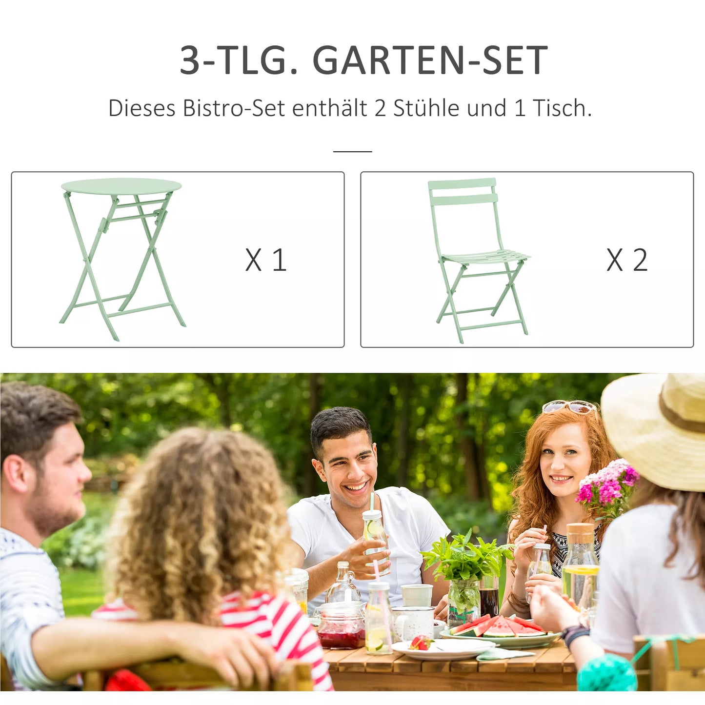 Sodo komplektas 2 asmenims, balkono baldų komplektas, bistropėdės stalas su 2 sulankstomomis kėdėmis, žalias