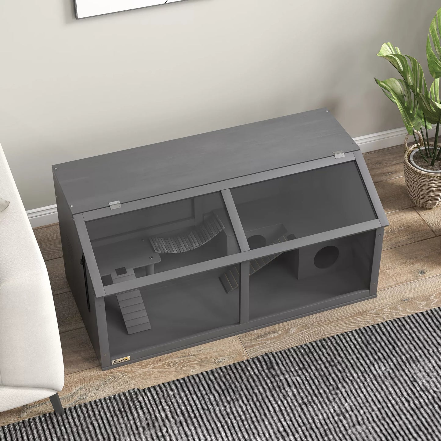 Smulkaus gyvūnėlio ir graužikų narvas su priedais, eglės mediena, 100 cm x 52 cm x 50 cm, pilkas