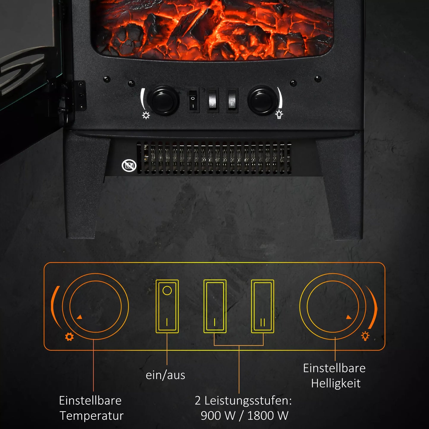 Elektrinis židinys su šildymu, 1800 W, elektrinis židinys su LED liepsnos efektu