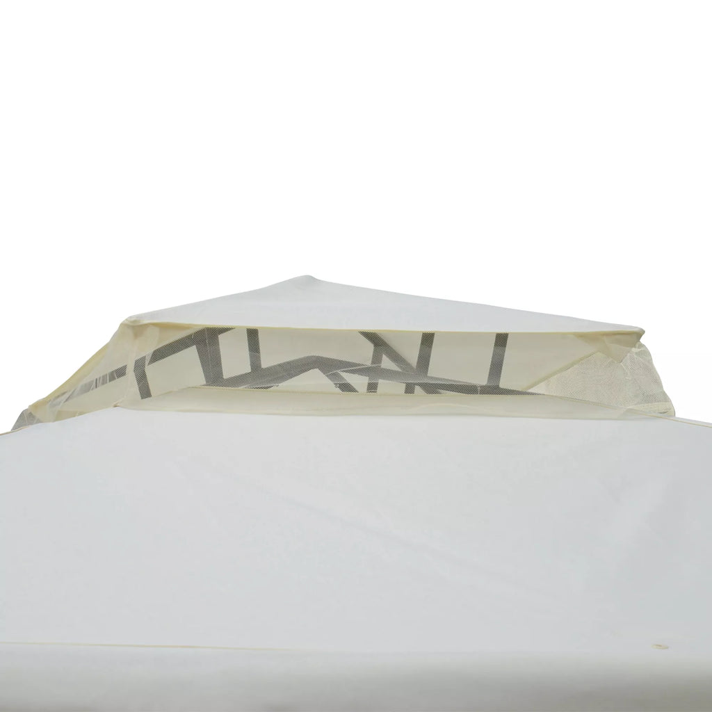 Paviljonas su dvigubu stogu, apie 3x3 m. Neperšlampamas, stabilus, atsparus žiemos sąlygoms sodo paviljonas su moskitine tinklele, šoninėmis dalimis, metalinis sodo paviljonas, skirtas sodui, terasai, kreminės baltos spalvos.