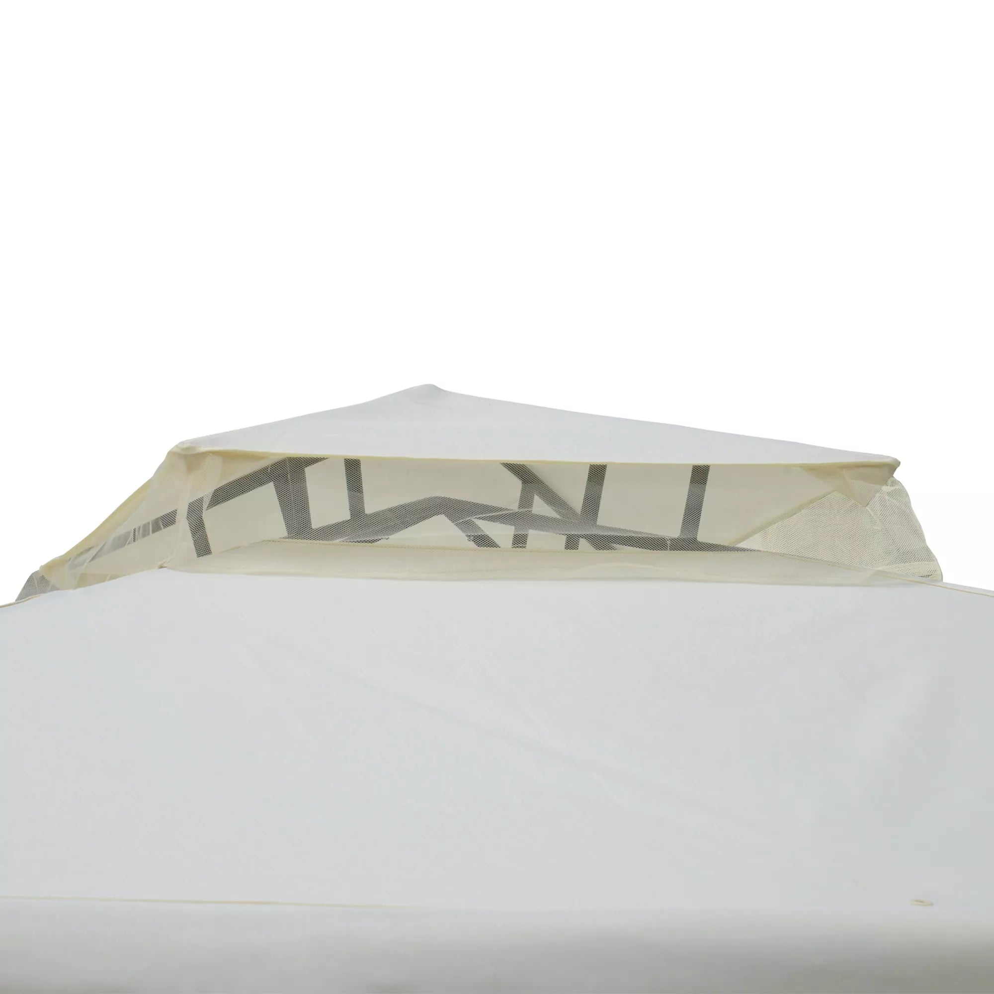 Paviljonas su dvigubu stogu, apie 3x3 m. Neperšlampamas, stabilus, atsparus žiemos sąlygoms sodo paviljonas su moskitine tinklele, šoninėmis dalimis, metalinis sodo paviljonas, skirtas sodui, terasai, kreminės baltos spalvos.