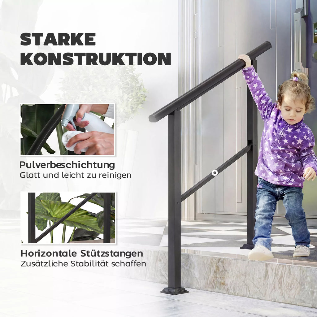 Laiptų turėklai 2–3 pakopoms, 94 cm, reguliuojamas kampas, išorinis ir vidinis metalinis juodas turėklas