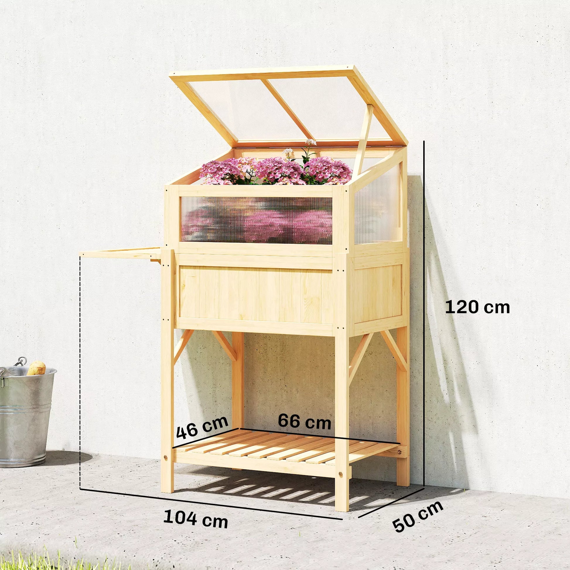 Pakelta lysvė su rėmu iš medžio, sulankstoma sodinimo dėžė su šiltnamiu, šoninis staliukas, daiktadėžė, natūrali mediena