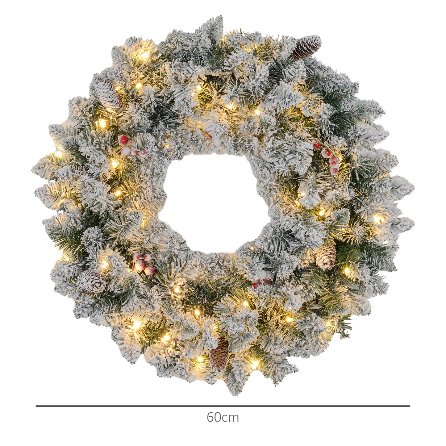 Kalėdinis vainikas su LED apšvietimu, raudonomis uogomis, natūraliai atrodantis, Ø60 x 10 cm, žalias