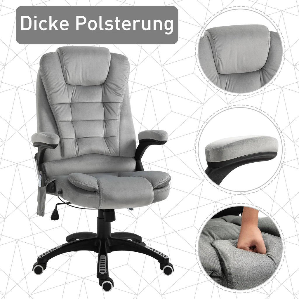 Biuro kėdė su masažo funkcija Ergonomiška vadovo kėdė su šildymo funkcija, atlošimo funkcija, supimosi funkcija Reguliuojamas aukštis 360° pasukama Kompiuterio kėdė su šonine kišene, aksomo išvaizda, pilka