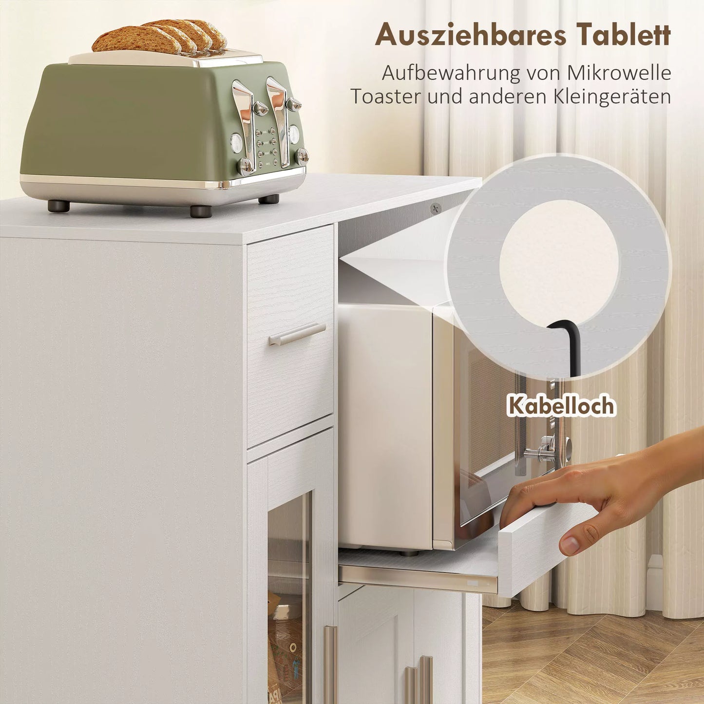 Virtuvės spintelė ant ratukų, mobili virtuvės komoda su lentynomis, stalčiais, reguliuojama lentyna, kabelio anga, balta