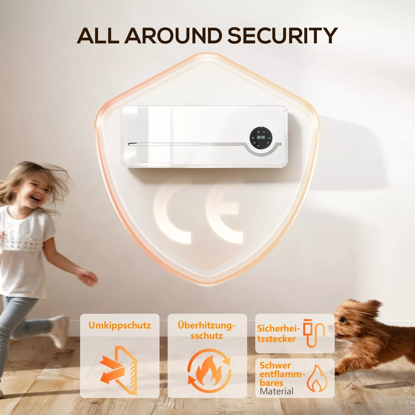 Keraminis sieninis šildytuvas su ventiliatoriumi, 2000W, montuojamas ant sienos, su nuotolinio valdymo pulteliu, 2 šildymo režimais, LED ekranėliu