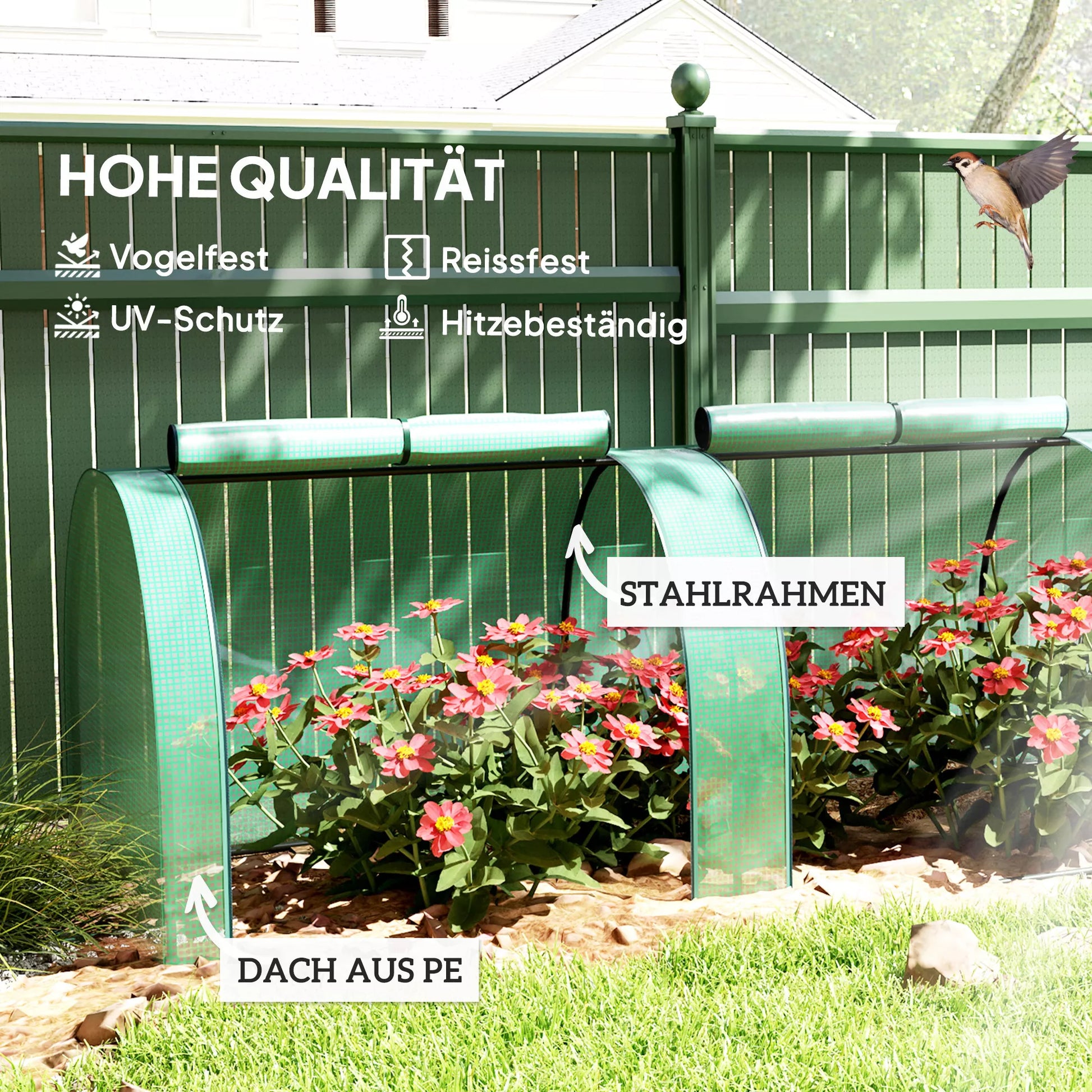 Tunelinis šiltnamis, 4 langai su užtrauktukais, plieninis rėmas, tvirtas tentas, 395 x 100 x 80 cm, žalias