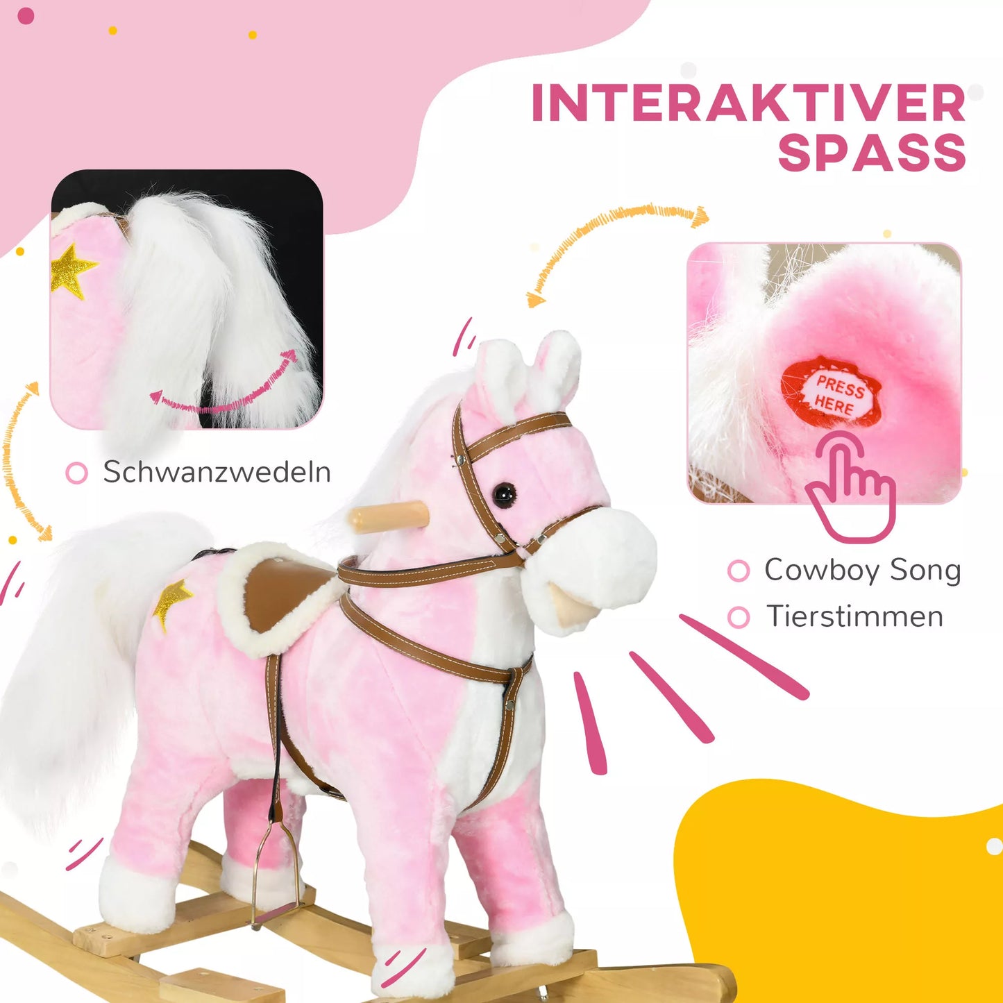 Sūpuoklinis arkliukas, balnas su balnakilpėmis, garso efektai, muzika, pliušinis korpusas, metalinis rėmas, iki 30 kg, rožinis