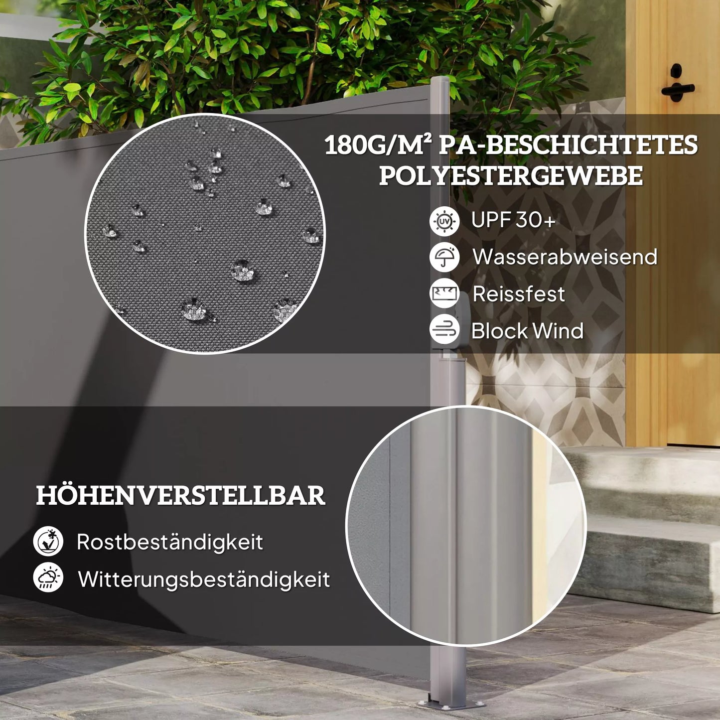 Ištraukiama šoninė markizė, nepermatoma, apsauganti privatumą, su sieniniu laikikliu, dengta, 300x140cm, tamsiai pilka