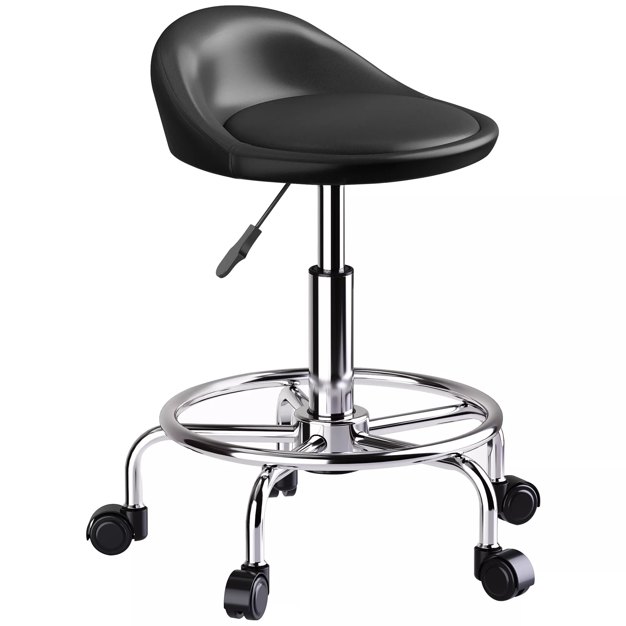 Aukštis reguliuojamas ratukinis taburetė su atlošu 59-75 cm, pasukama 360° darbinė taburetė, juoda