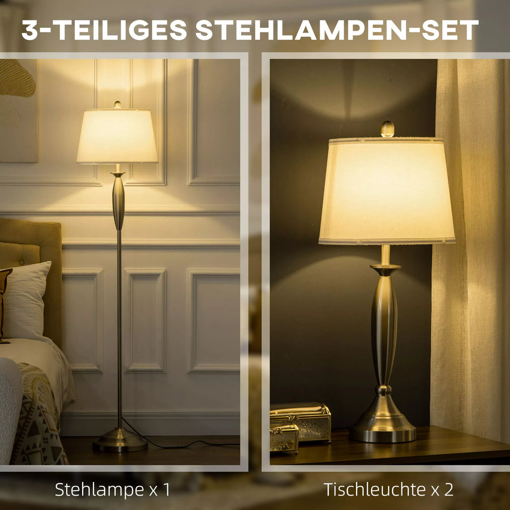 Šviestuvų komplektas 3 dalių, 1 pastatomas ir 2 staliniai šviestuvai, sidabrinės ir baltos spalvos