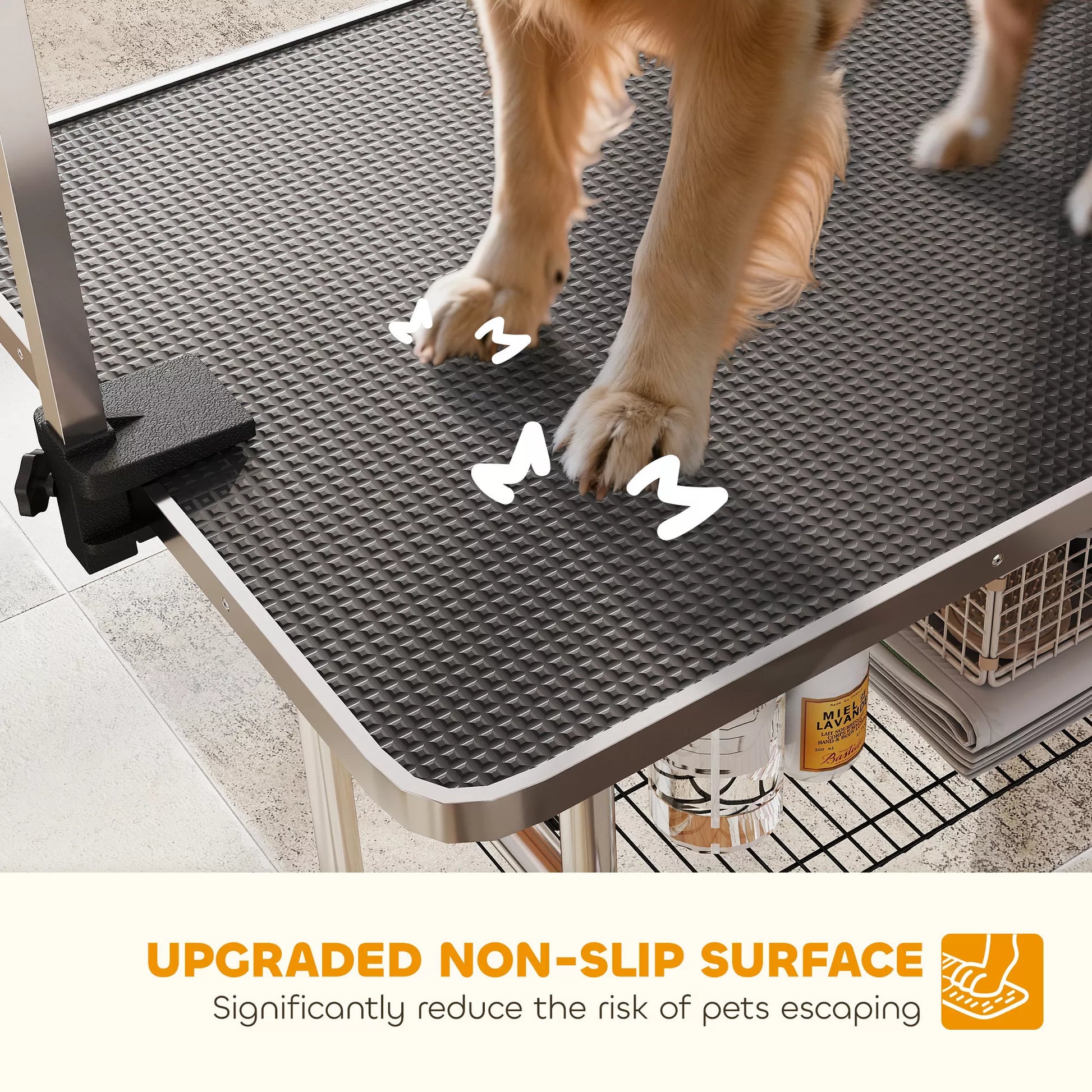 Reguliuojamo aukščio sulankstomas gyvūnų priežiūros stalas, šunų kirpimo stalas, su apatine lentyna, šunims ir katėms iki 100 kg, juodas