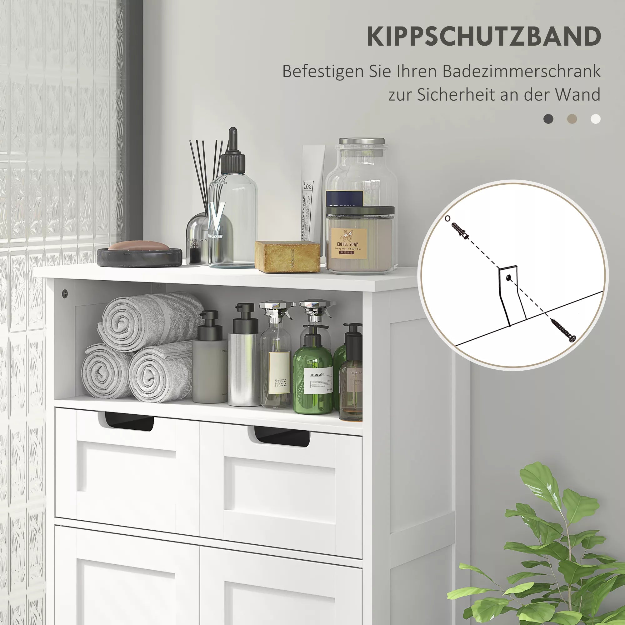Vonios spintelė su 2 stalčiais, durelėmis, 60 x 30 x 109 cm, balta