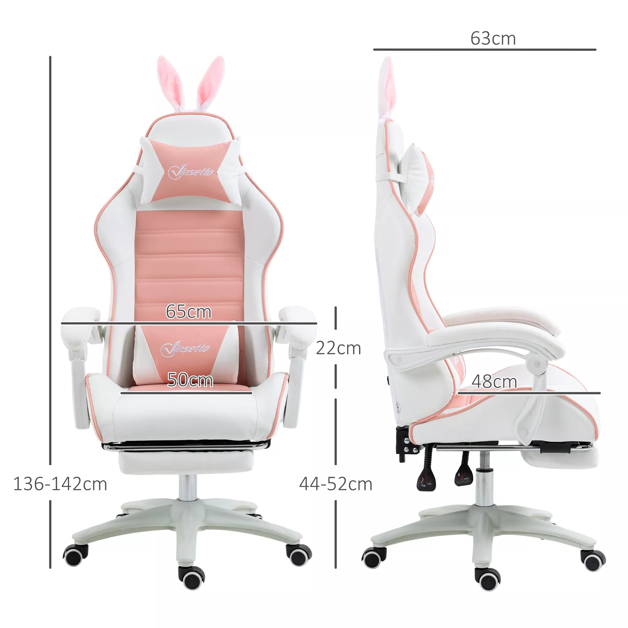 Žaidimų kėdė Ergonomiška žaidėjų kėdė su juosmens atrama, kojų atrama, triušio ausų pagalvėle, rožinė