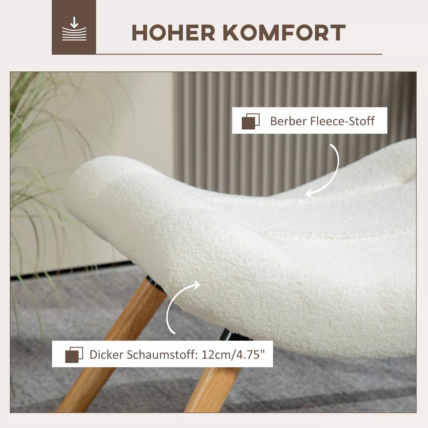 Modernus minkštas pufas su vilnos užvalkalu ir medinėmis kojomis, skirtas svetainei, miegamajam, koridoriui, kreminės baltos spalvos