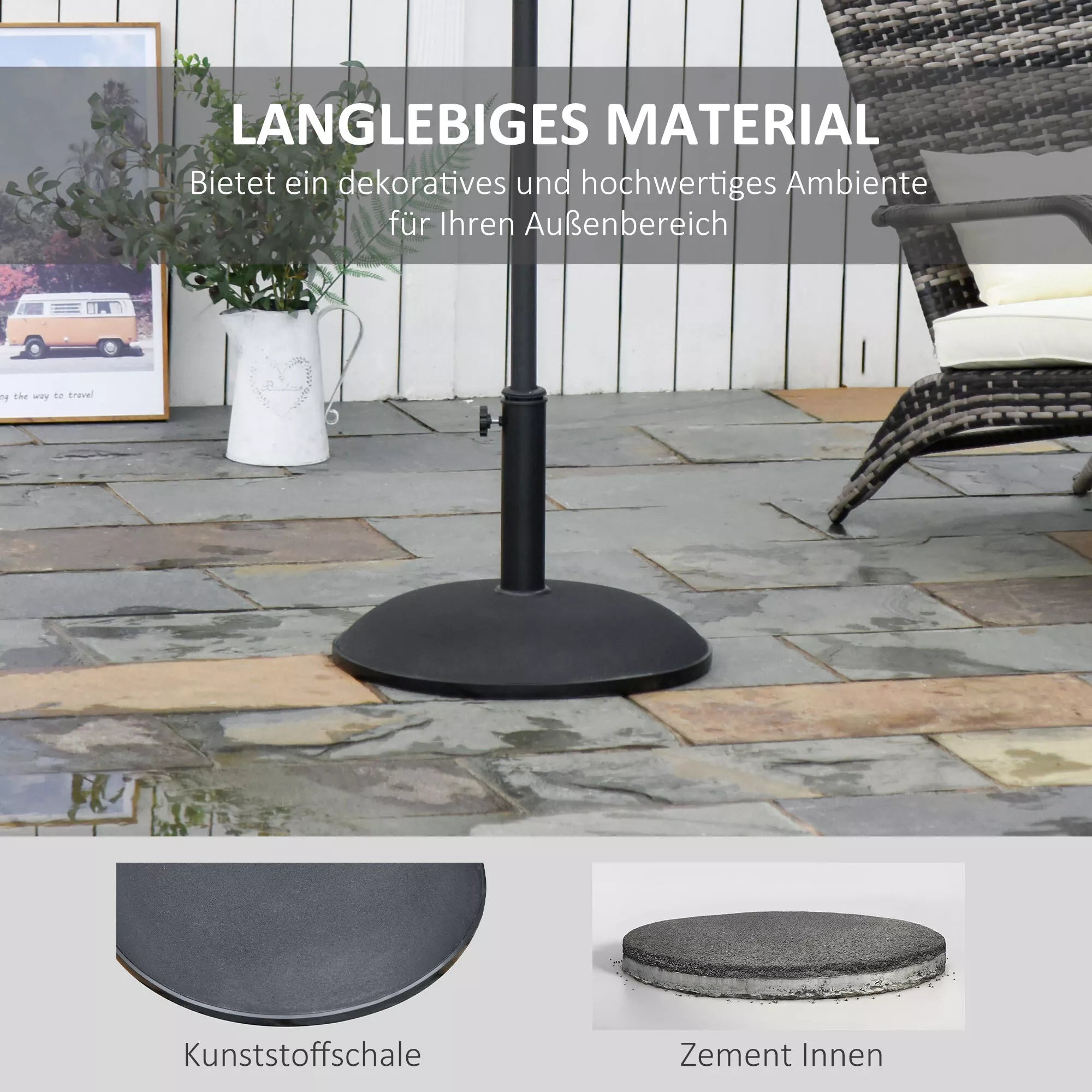 Skėčių stovas, skėčių stovas, 3 adapteriai, reguliuojamas, cementas, 25 kg, juodas