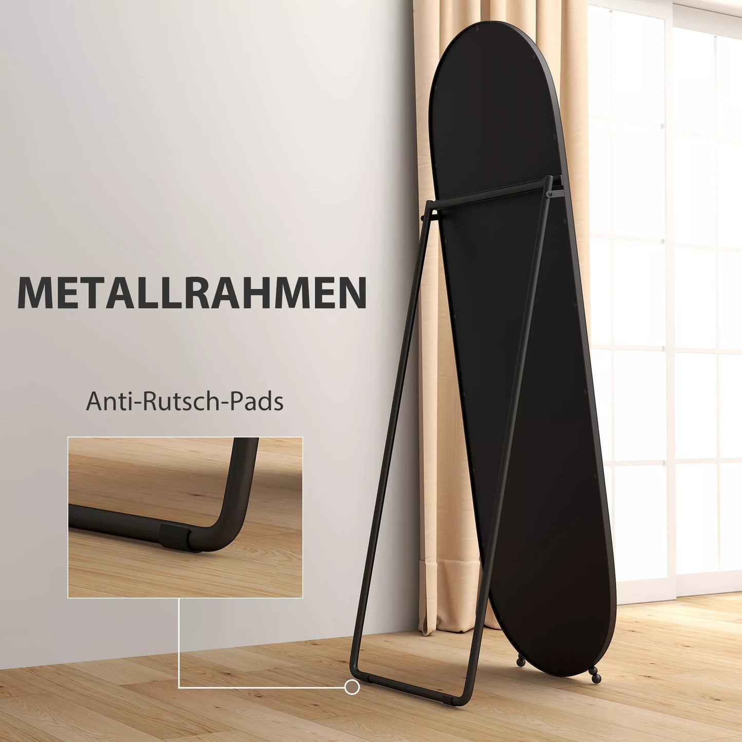 Viso kūno veidrodis, ovalios formos, pastatomas, metalo rėmas, 40x160cm, juodas