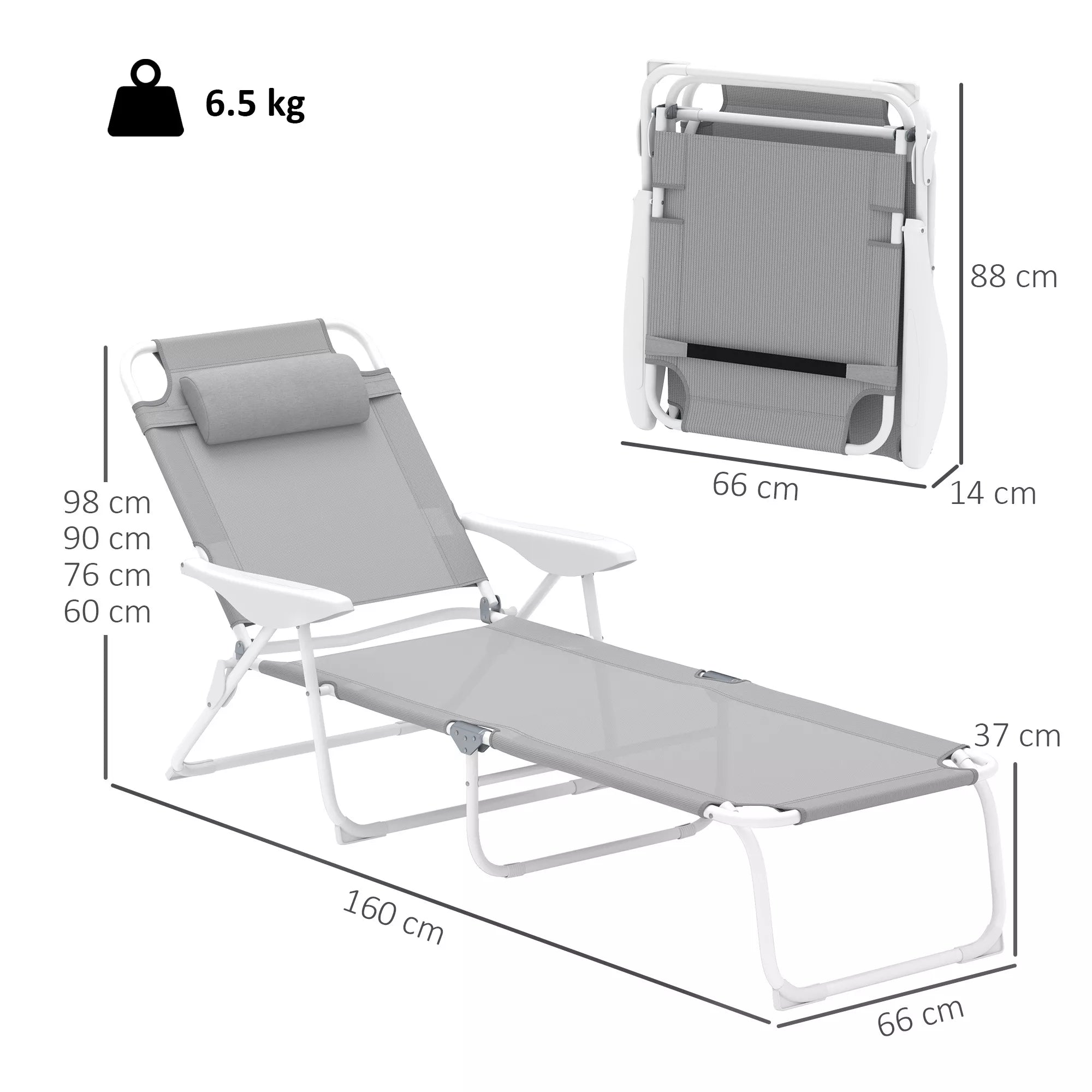Matmenų schema: svoris 6,5 kg, ilgis 160 cm, plotis 66 cm, atlošo aukščiai nuo 60 iki 98 cm