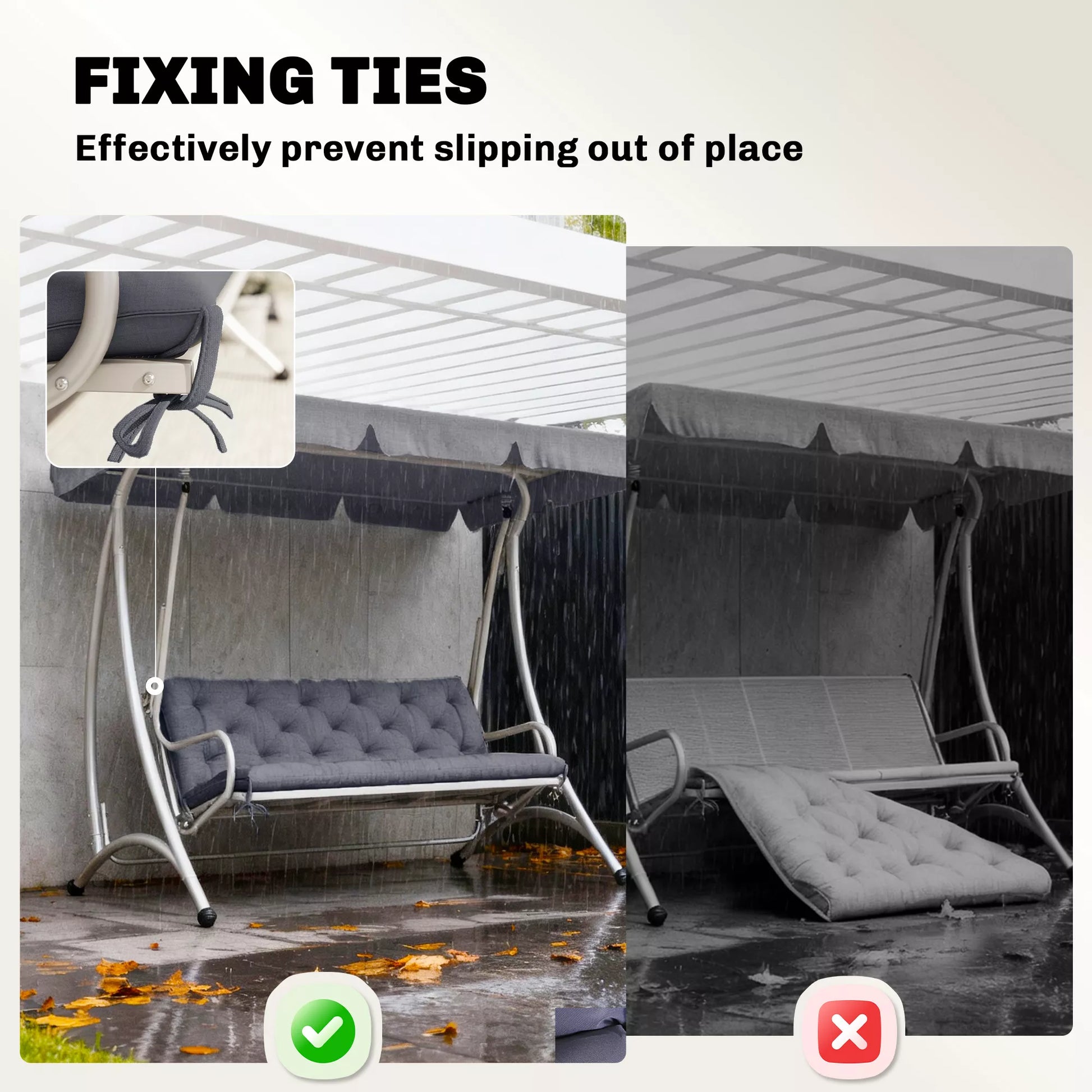 3 vietų suoliuko pagalvėlė 150 x 98 x 8 cm, sėdimoji pagalvėlė su raišteliais, atlošo pagalvėlė, skirta vidaus/lauko sąlygoms, minkšta pagalvėlė suoliukui, sodo suoliukui, sodo baldams, sūpynėms, tamsiai pilka