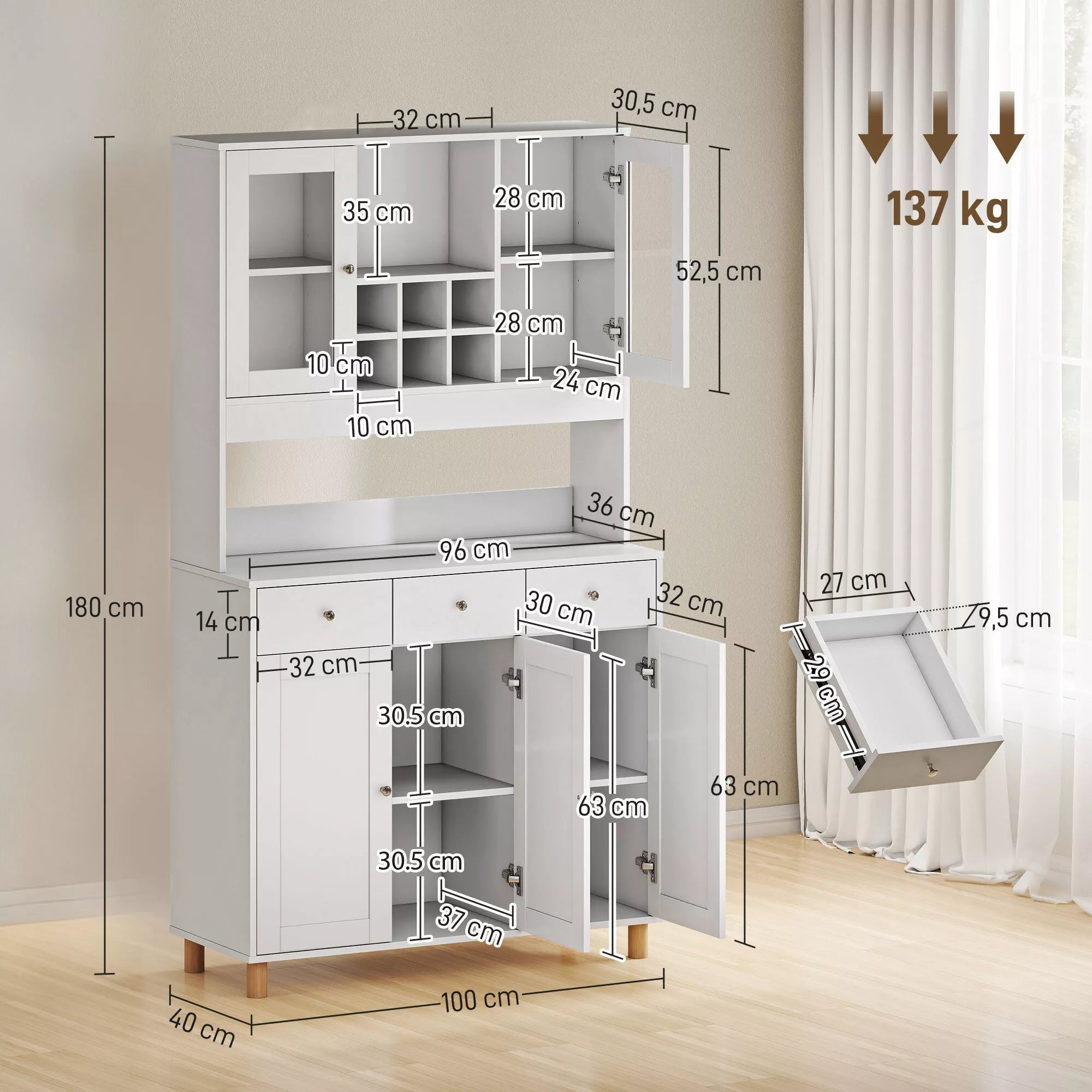 180 cm virtuvės spintelė, 2 stiklinės durys, 3 stalčiai, 4 reguliuojami lentynos, valgomojo spintelė, medžio drožlių plokštė, balta