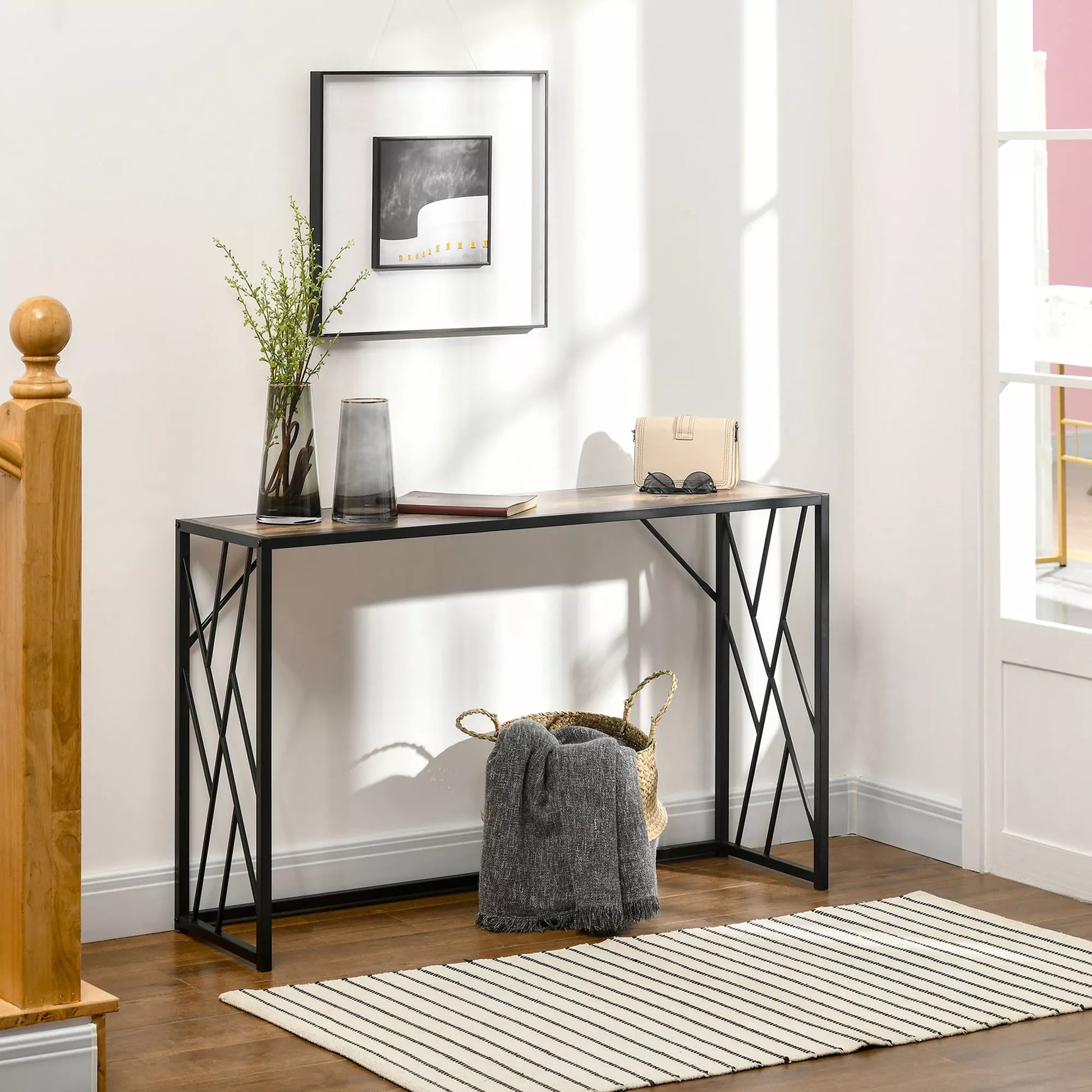 Konsolė, koridoriaus stalas, pramoninis dizainas, tvirtas metalinis rėmas, 120 x 35 x 75 cm