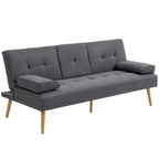 Tamsiai pilka sofa-lova su dviem pagalvėlėmis ir medinėmis kojomis