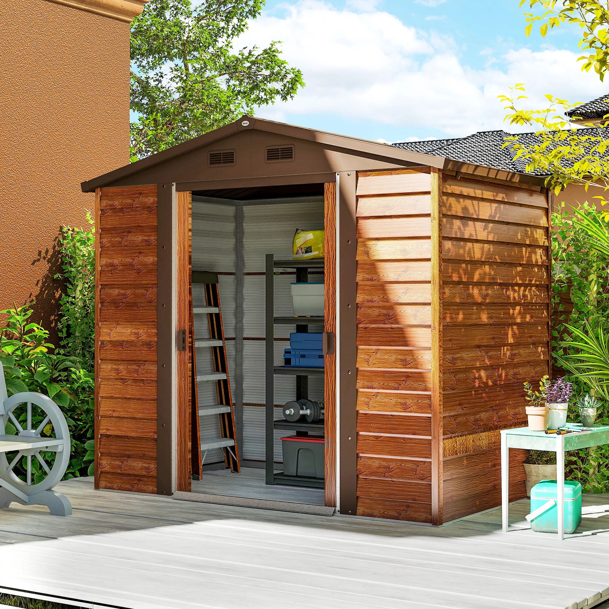 Sodo namelis, įrankių namelis, sodo namelis su langais, atsparus atmosferos poveikiui, medžio imitacija, plienas, 152 x 235,7 x 208,7 cm, rudas