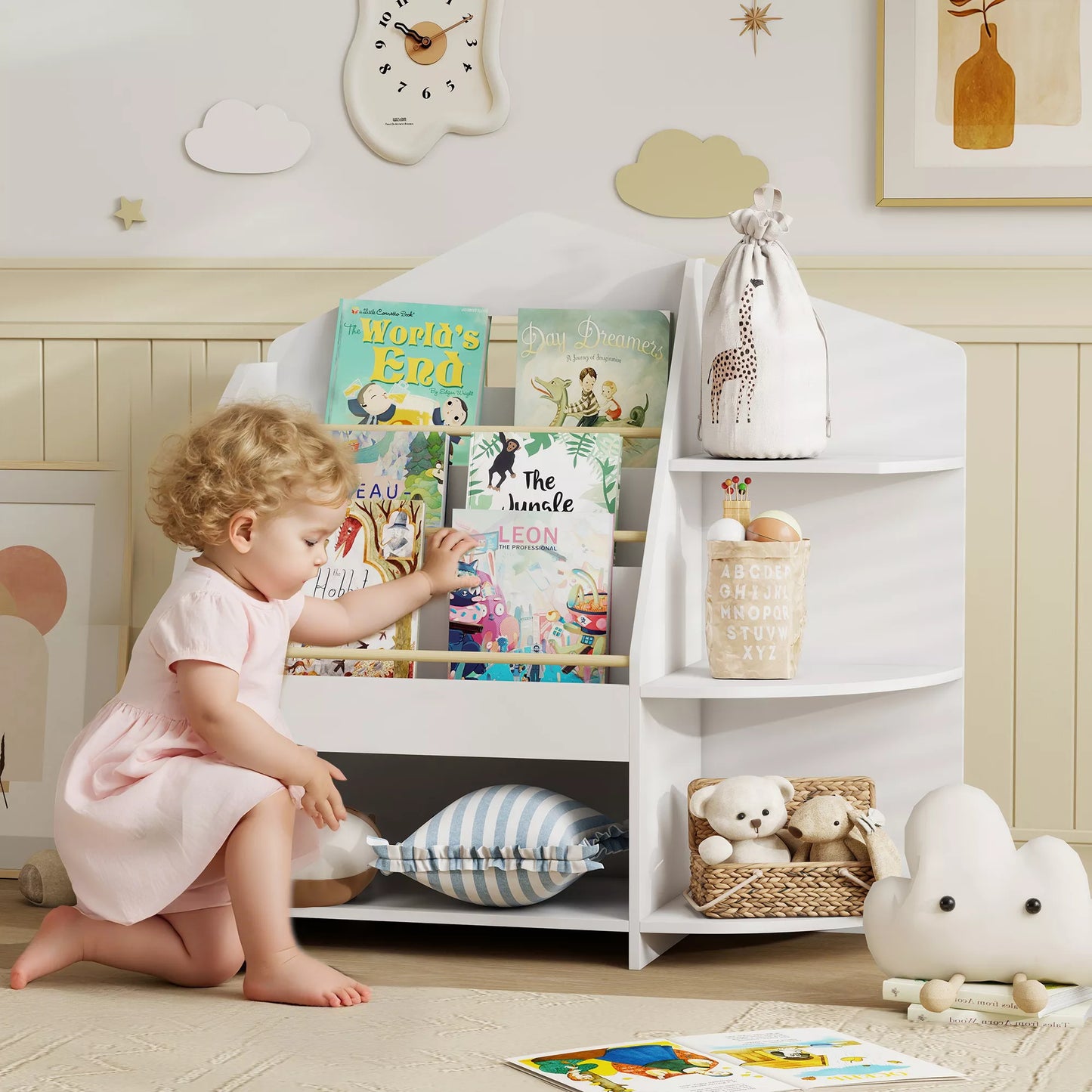 Vaikiška lentyna su 7 lentynomis knygoms, žaislams, suapvalintais kampais, atlaiko 40 kg, balta