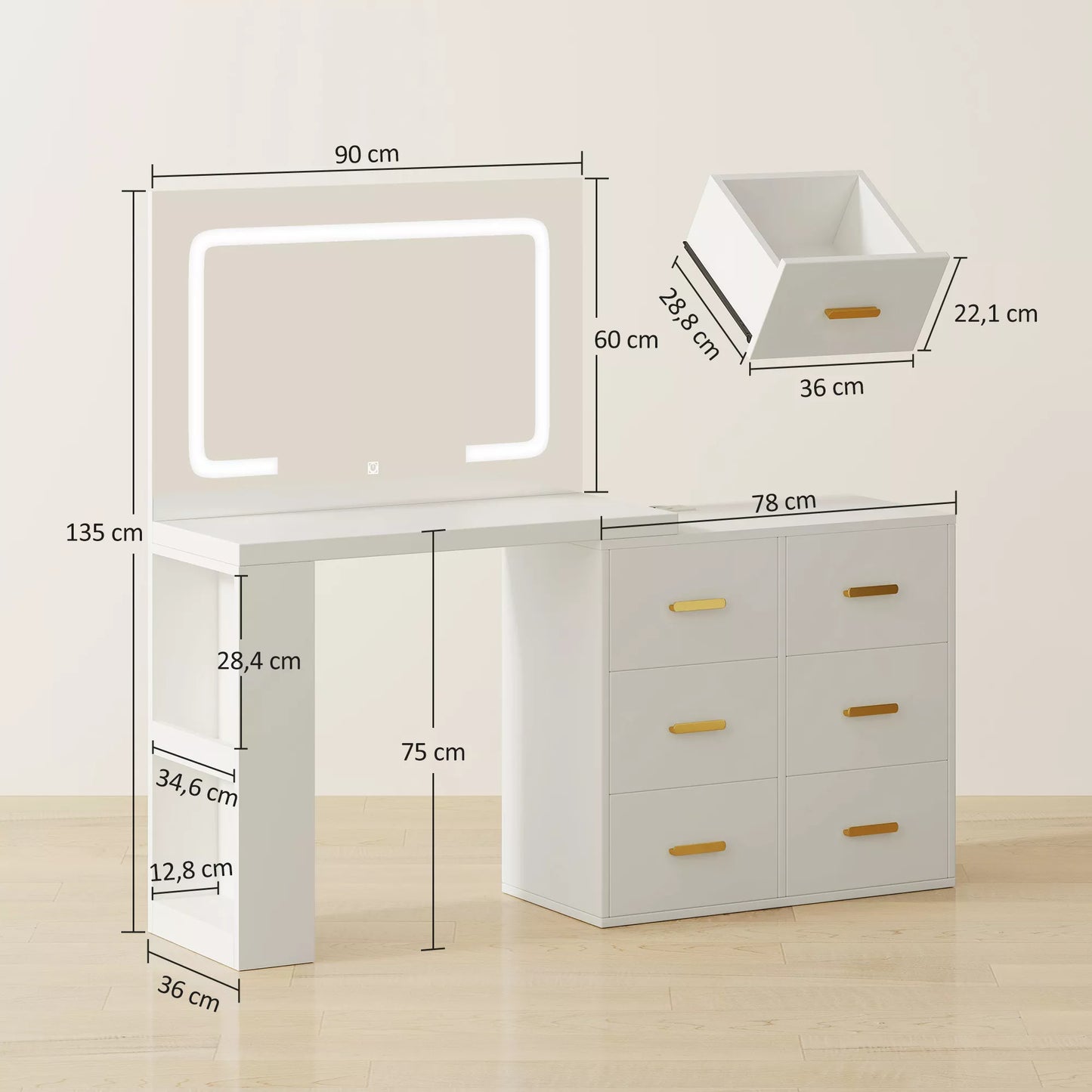 Balto spalvos makiažo staliukas su reguliuojamu LED veidrodžiu, elektros lizdais, 6 stalčiais ir 2 atviromis lentynomis.