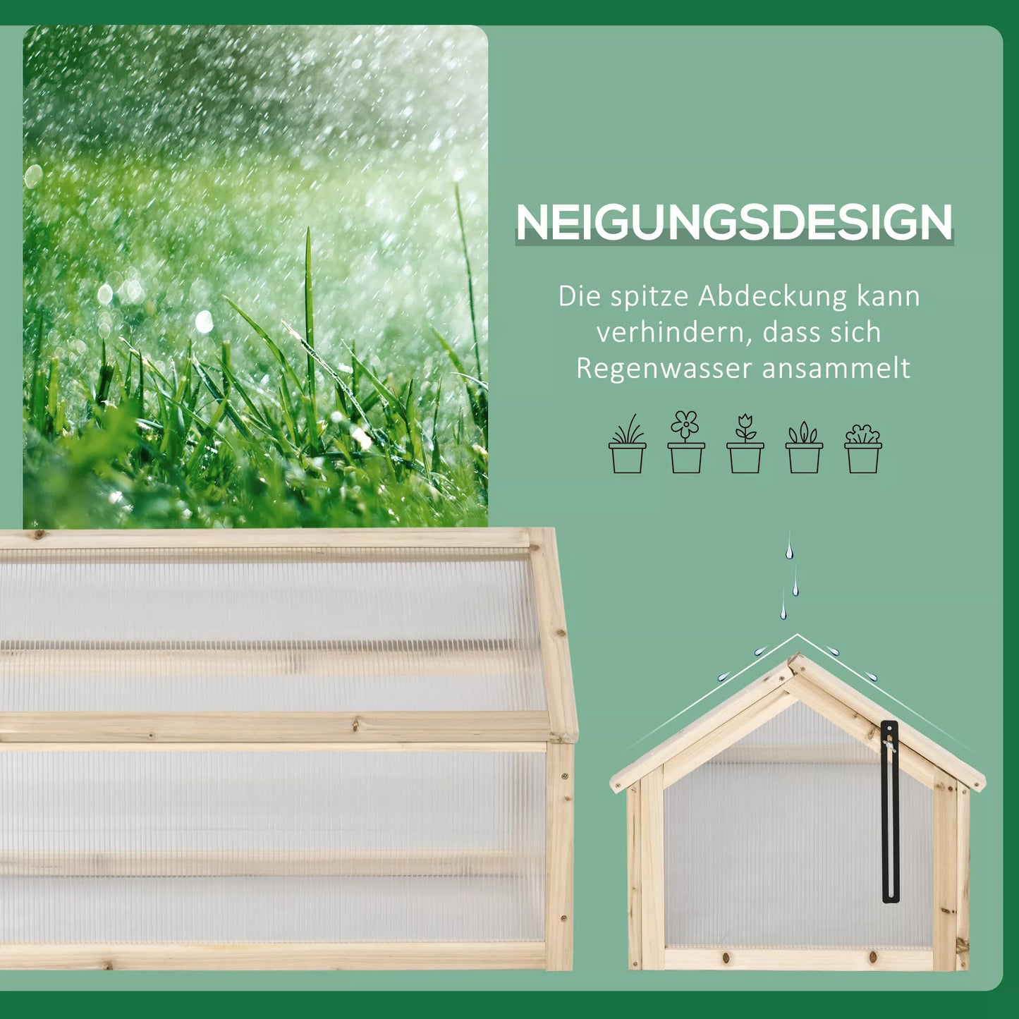 Mini šiltnamis, kompaktiškas medinis namelis augalams su polikarbonato plokštėmis, vėdinimo anga, 90I x 52P x 49,5A cm, natūralus