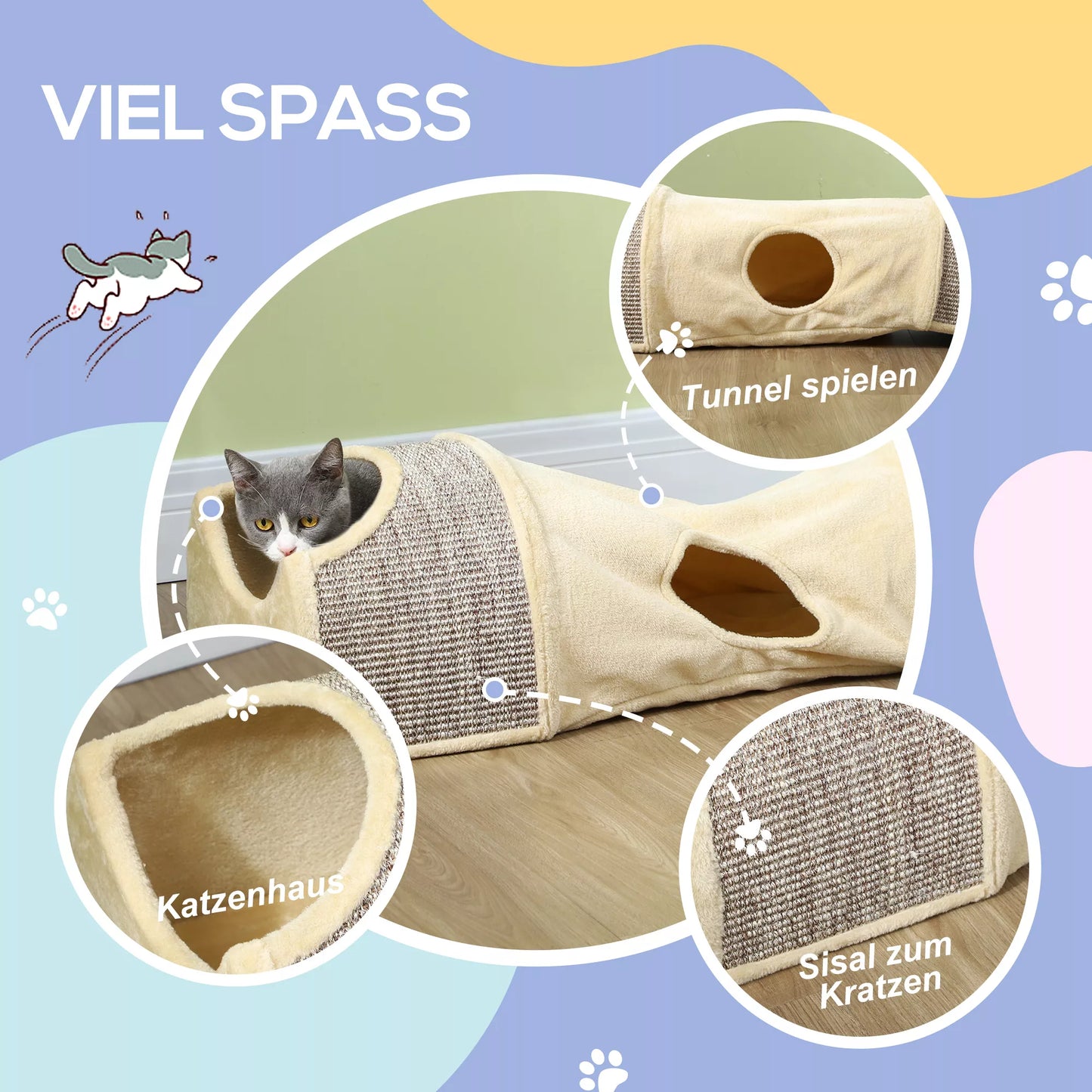 Kačių tunelis su 3 angomis, pliušinis, sizalio draskymo virvė, 107x38x29 cm, smėlio spalvos/pilkos spalvos