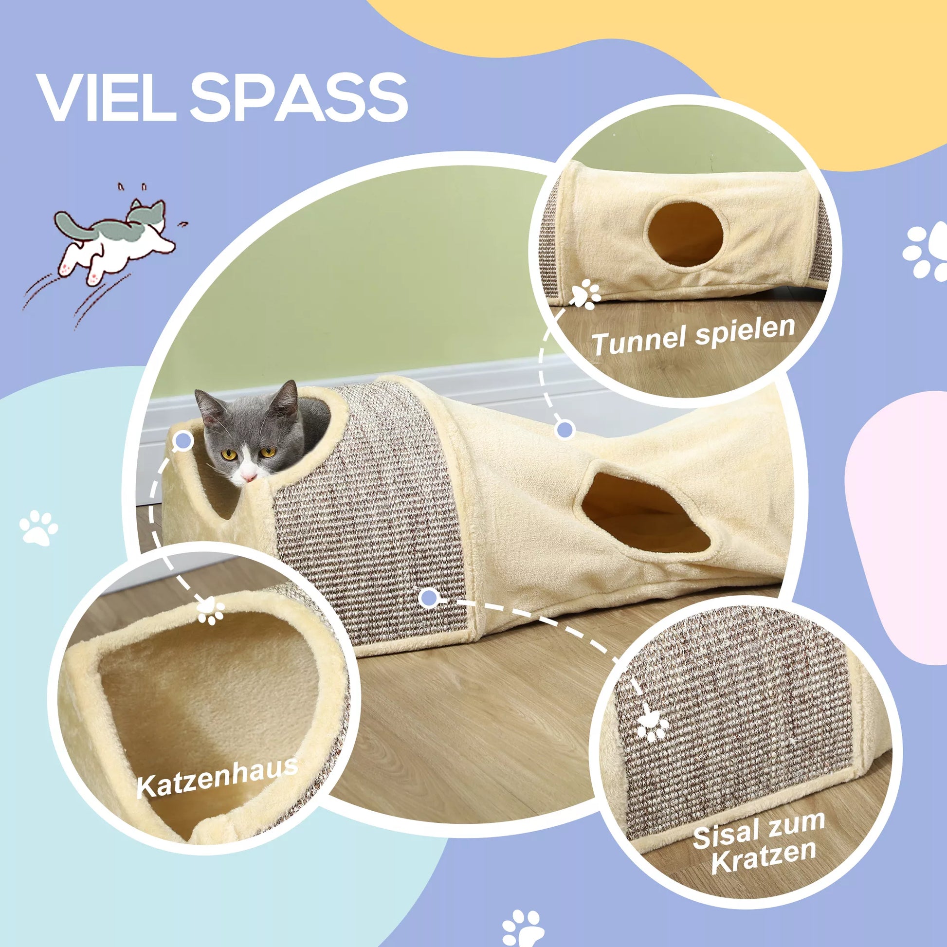 Kačių tunelis su 3 angomis, pliušinis, sizalio draskymo virvė, 107x38x29 cm, smėlio spalvos/pilkos spalvos