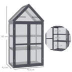 Pilko medinio mini šiltnamio matmenų schema: aukštis 132 cm, plotis 70,5 cm, gylis 42 cm