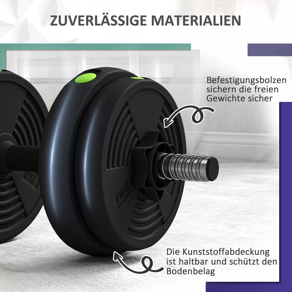 2-in-1 svarmen rinkinys, ilgas ir trumpas svarmuo, 15 kg, neslystantis, tausojantis grindis, juoda/žalia