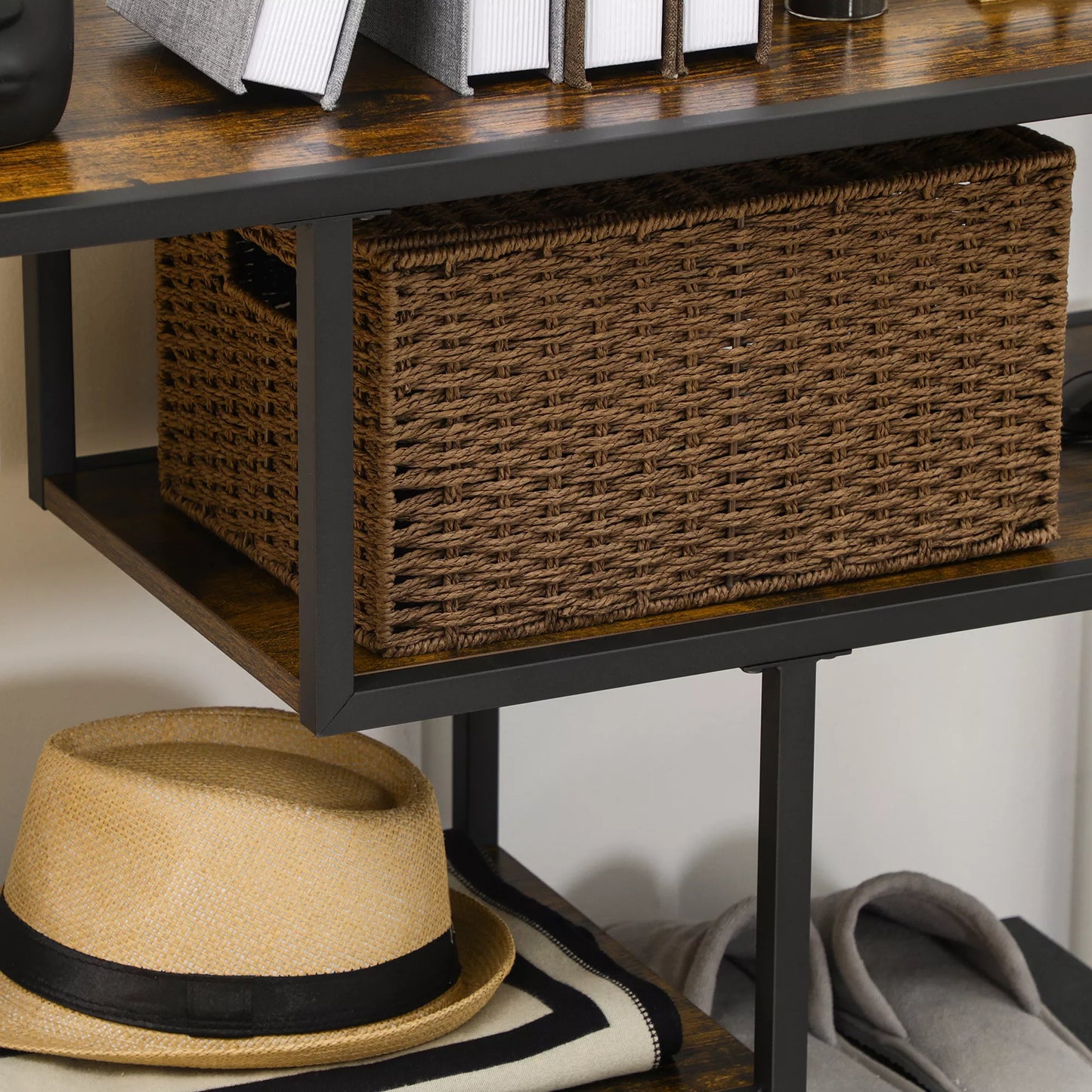 Lentyna, konsolinis staliukas, pramoninio dizaino, 4 lentynos, plieno rėmas, 99,6 x 33,6 x 74 cm