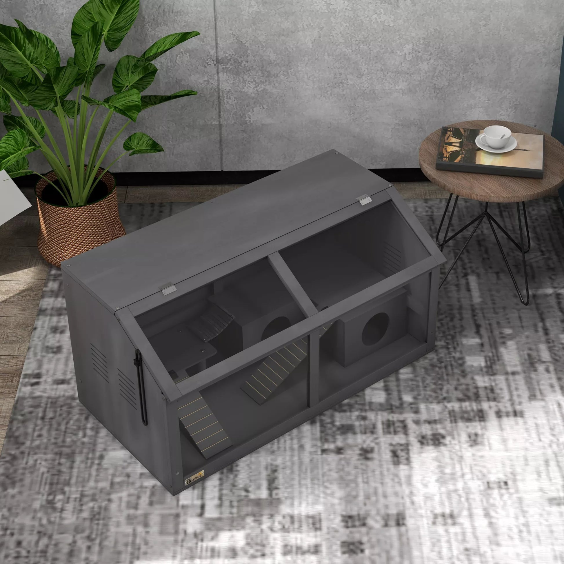 Hamsterio narvelis, medinis narvelis smulkiesiems gyvūnams, pakabinamas tiltas, kopėčios, namelis, 84 x 45 x 44 cm, skirtas nykštukiniams hamsteriams, pilkos spalvos