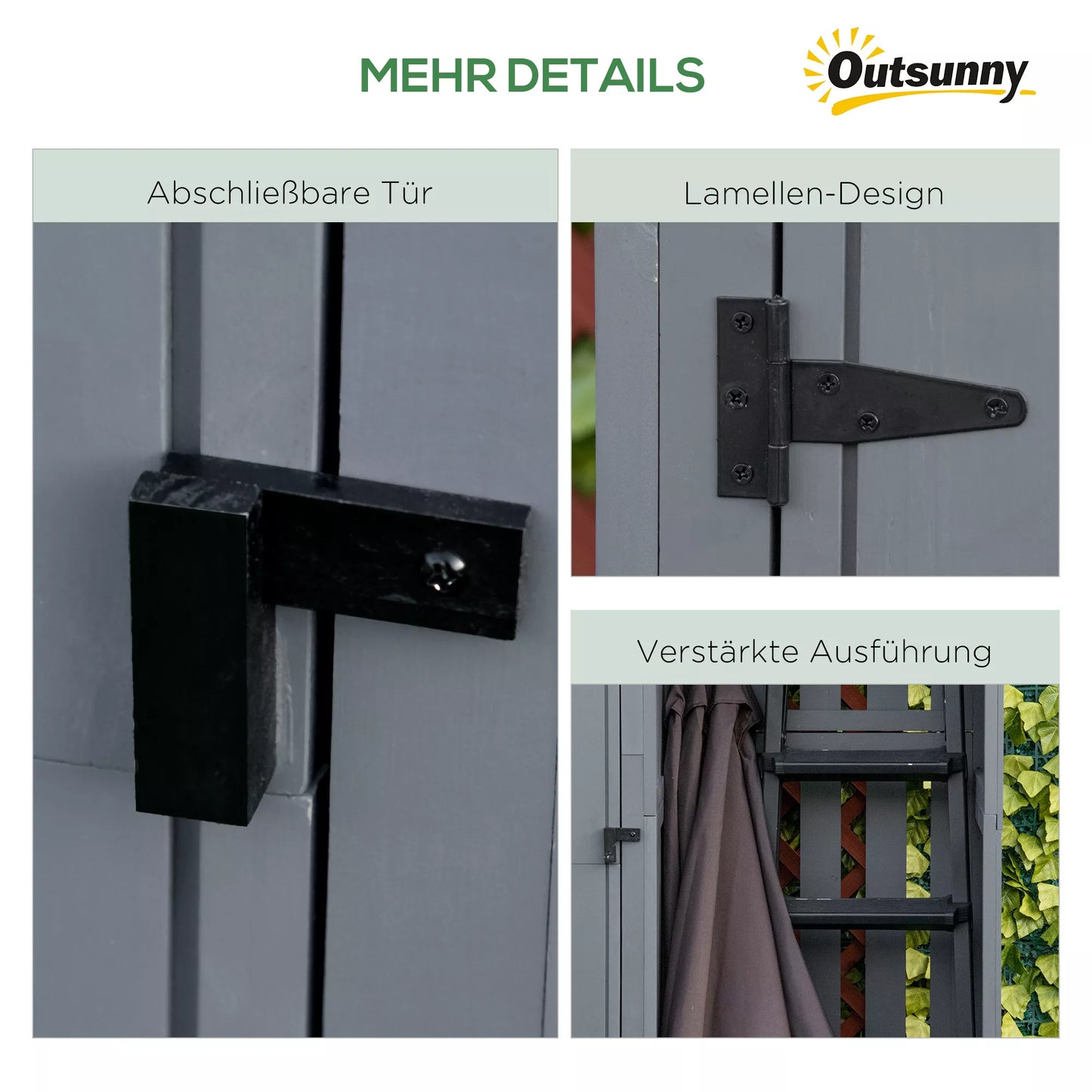 Sodo spinta, atvira malkinė, užrakinamos durys, atspari oro sąlygoms, natūralaus medžio apdaila, 129 x 51,5 x 180cm, pilka+juoda